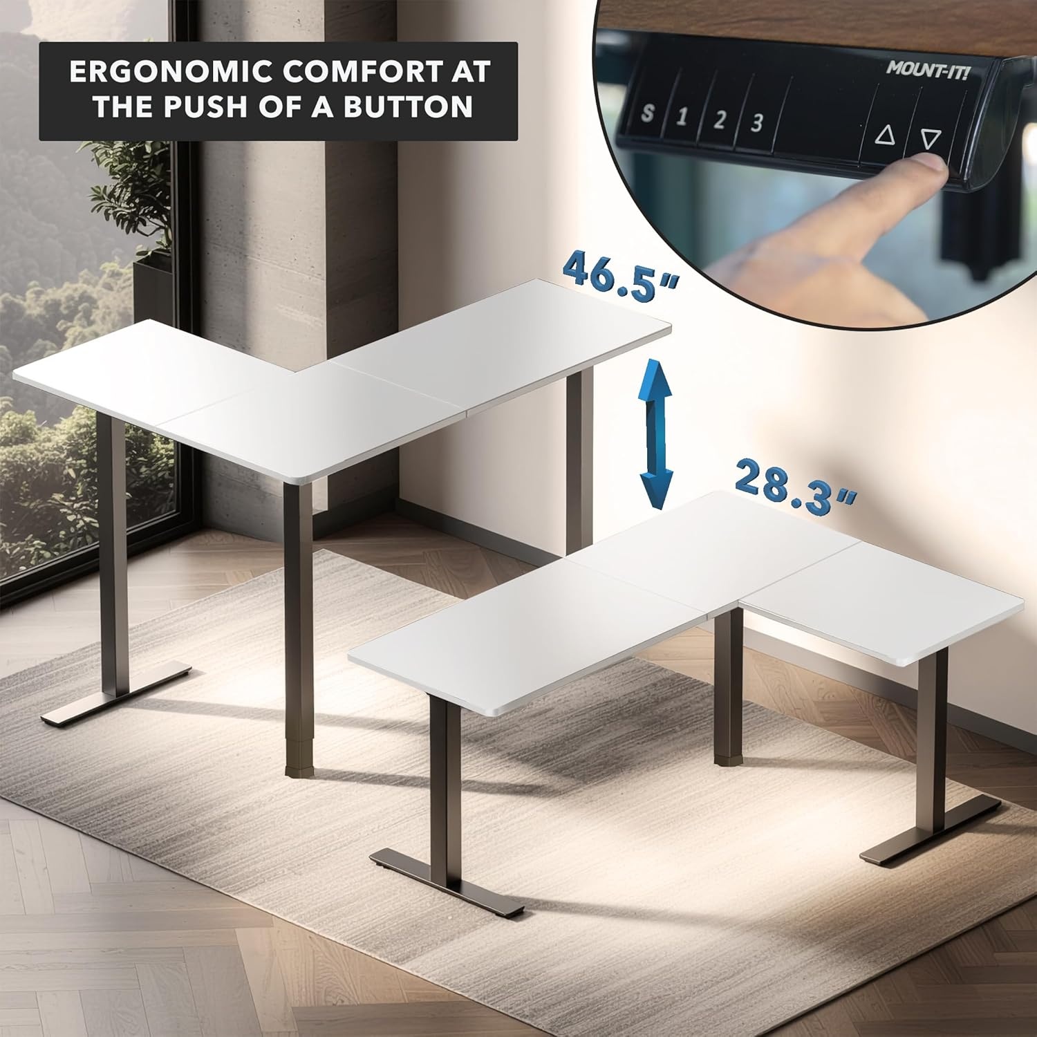 image:imageMountIt L Shaped Standing Desk Extra Large 75 x 63 Electric Corner Standing Desk Height Adjustable from 283 to 465 3 Memory Settings White Solid Steel Frame Black TabletopBlack Frame White Top