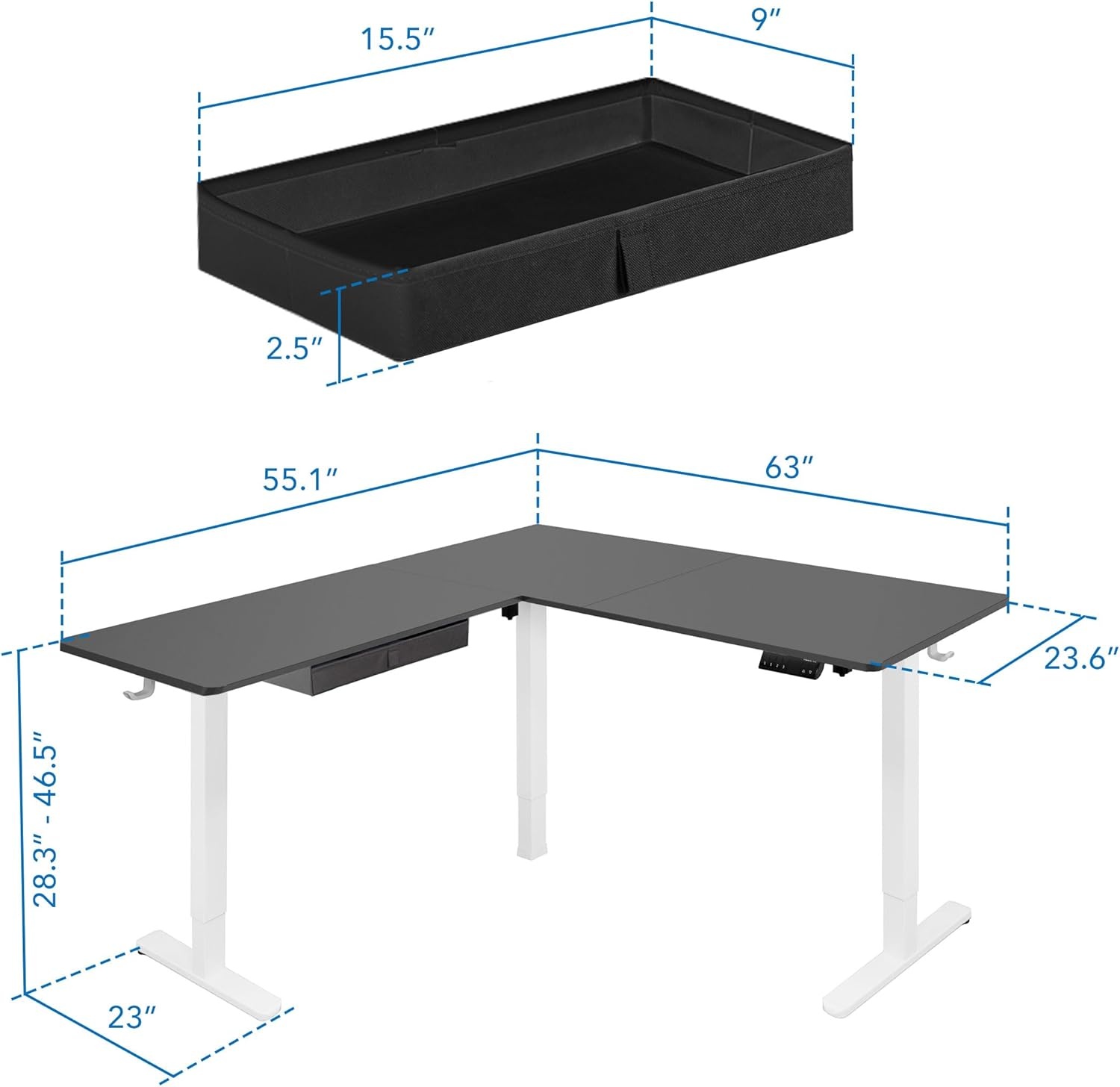 image:imageMountIt L Shaped Standing Desk Extra Large 75 x 63 Electric Corner Standing Desk Height Adjustable from 283 to 465 3 Memory Settings White Solid Steel Frame Black TabletopWhite Frame Black Top