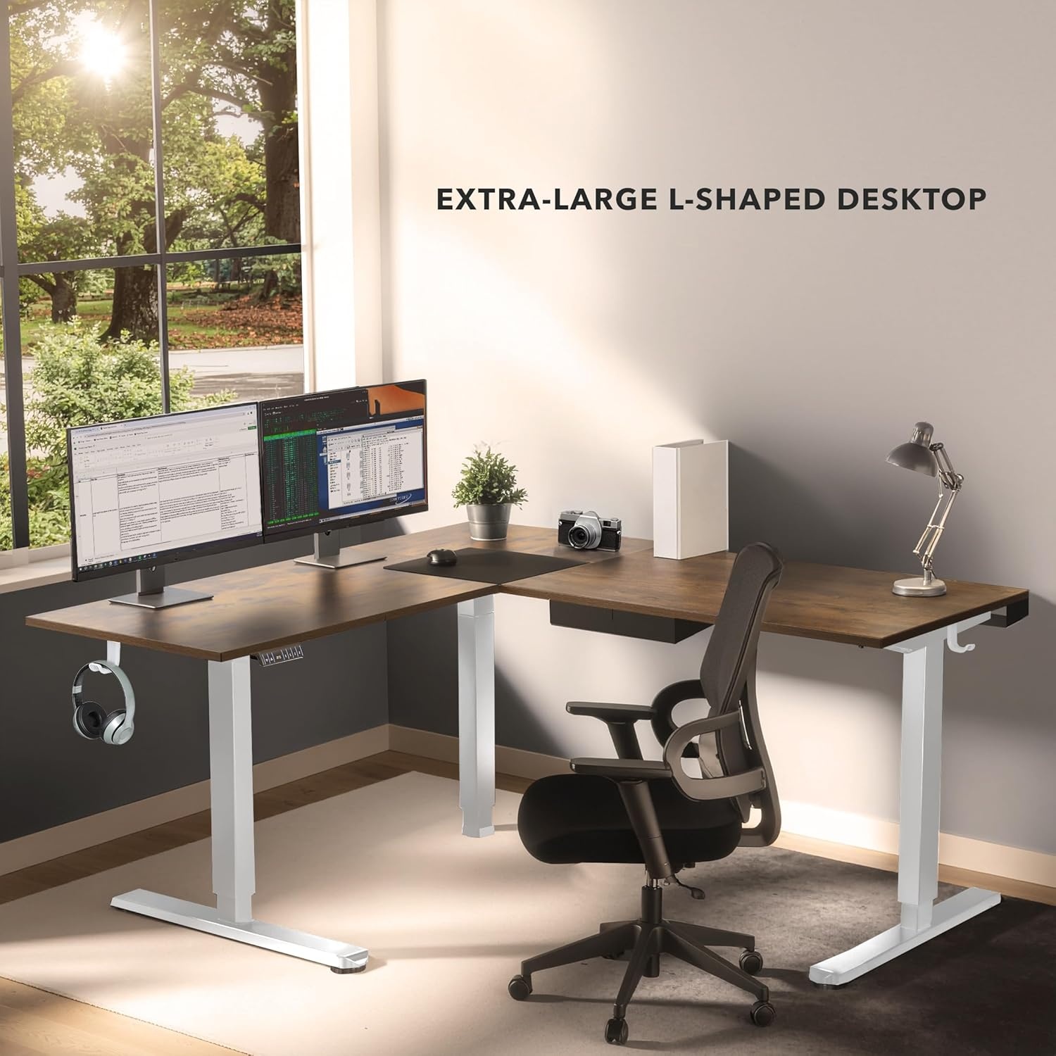 image:imageMountIt L Shaped Standing Desk Extra Large 75 x 63 Electric Corner Standing Desk Height Adjustable from 283 to 465 3 Memory Settings White Solid Steel Frame Black TabletopWhite Frame Rustic Top