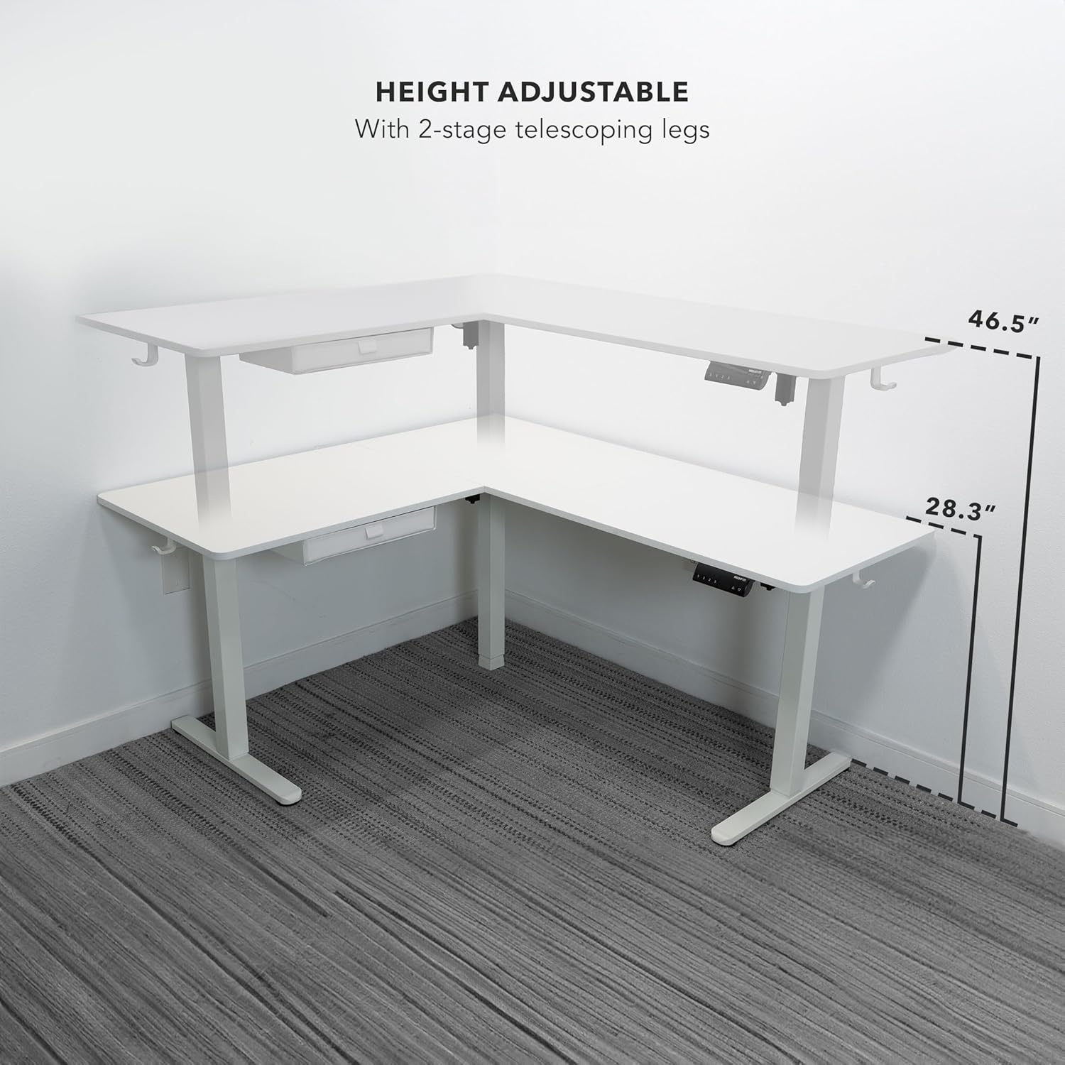 image:imageMountIt L Shaped Standing Desk Extra Large 75 x 63 Electric Corner Standing Desk Height Adjustable from 283 to 465 3 Memory Settings White Solid Steel Frame Black TabletopWhite Frame White Top
