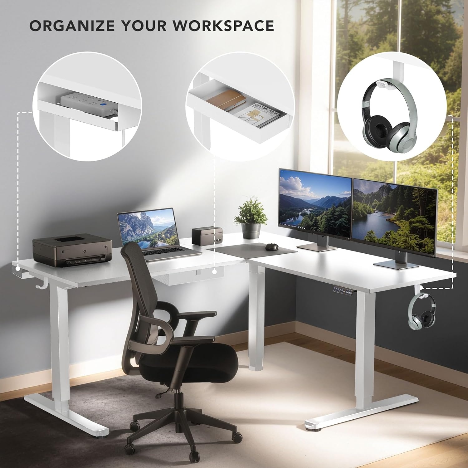 image:imageMountIt L Shaped Standing Desk Extra Large 75 x 63 Electric Corner Standing Desk Height Adjustable from 283 to 465 3 Memory Settings White Solid Steel Frame Black TabletopWhite Frame White Top