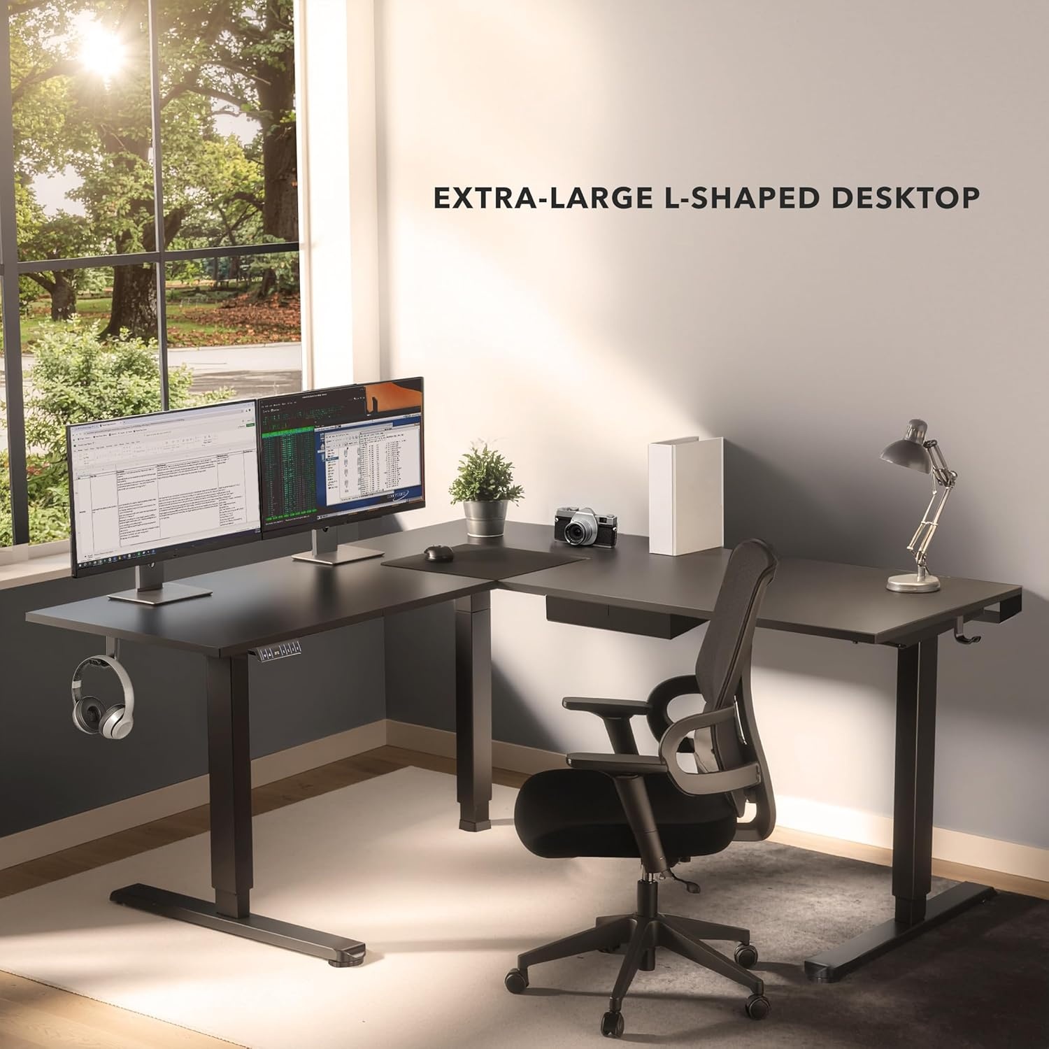 image:imageMountIt L Shaped Standing Desk Extra Large 75 x 63 Electric Corner Standing Desk Height Adjustable from 283 to 465 3 Memory Settings White Solid Steel Frame Black TabletopBlack Frame Black Top