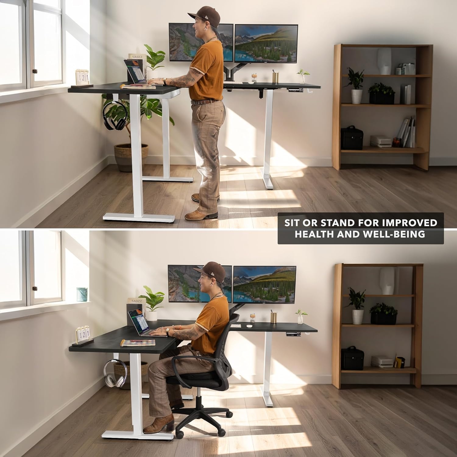 image:imageMountIt L Shaped Standing Desk Extra Large 75 x 63 Electric Corner Standing Desk Height Adjustable from 283 to 465 3 Memory Settings White Solid Steel Frame Black TabletopWhite Frame Black Top