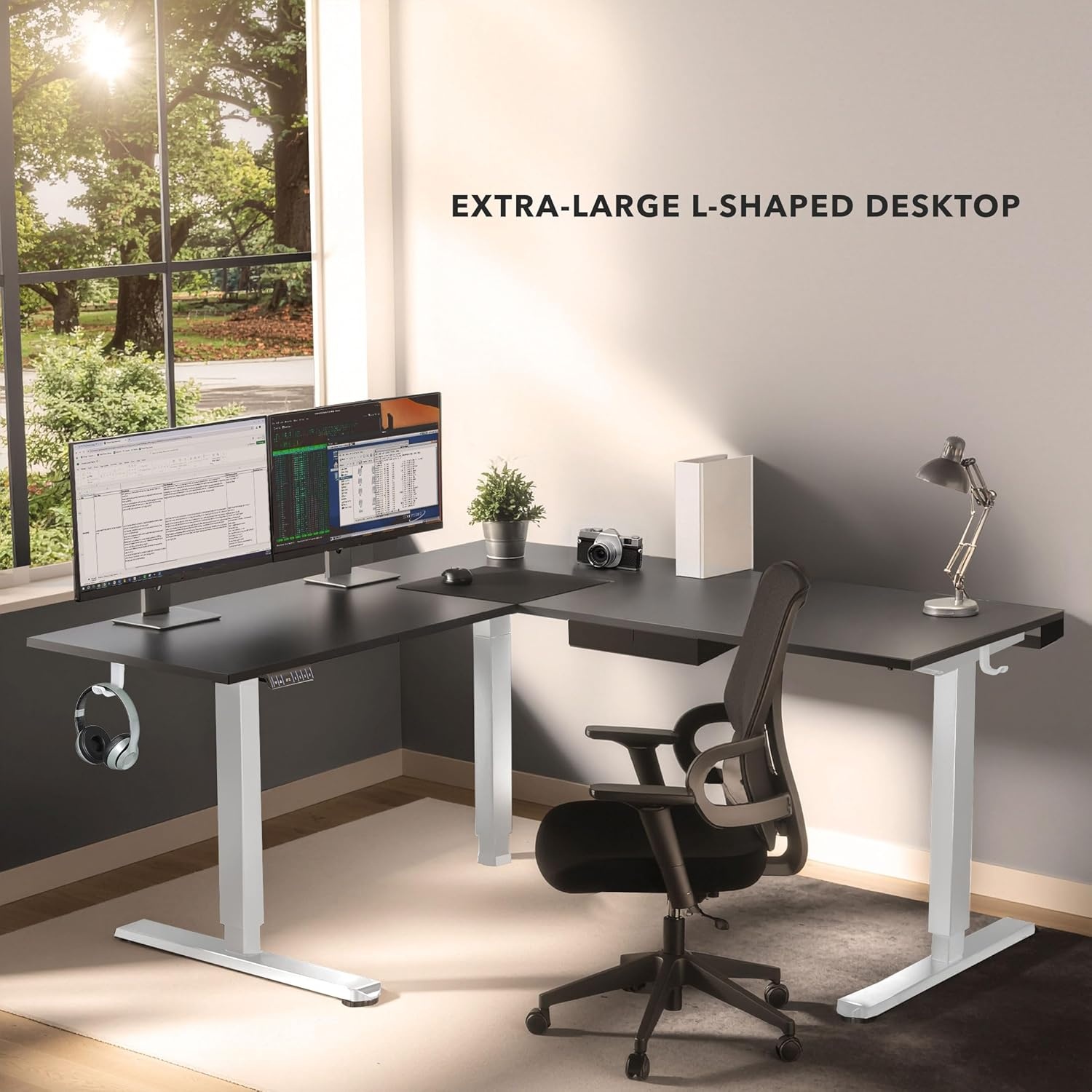 image:imageMountIt L Shaped Standing Desk Extra Large 75 x 63 Electric Corner Standing Desk Height Adjustable from 283 to 465 3 Memory Settings White Solid Steel Frame Black TabletopWhite Frame Black Top