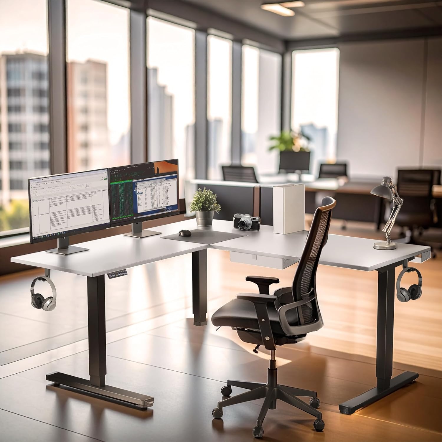 image:imageMountIt L Shaped Standing Desk Extra Large 75 x 63 Electric Corner Standing Desk Height Adjustable from 283 to 465 3 Memory Settings White Solid Steel Frame Black TabletopBlack Frame White Top