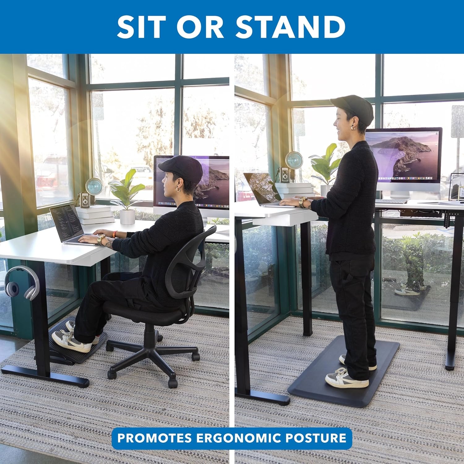 image:imageMountIt L Shaped Standing Desk Extra Large 75 x 63 Electric Corner Standing Desk Height Adjustable from 283 to 465 3 Memory Settings White Solid Steel Frame Black TabletopBlack Frame White Top
