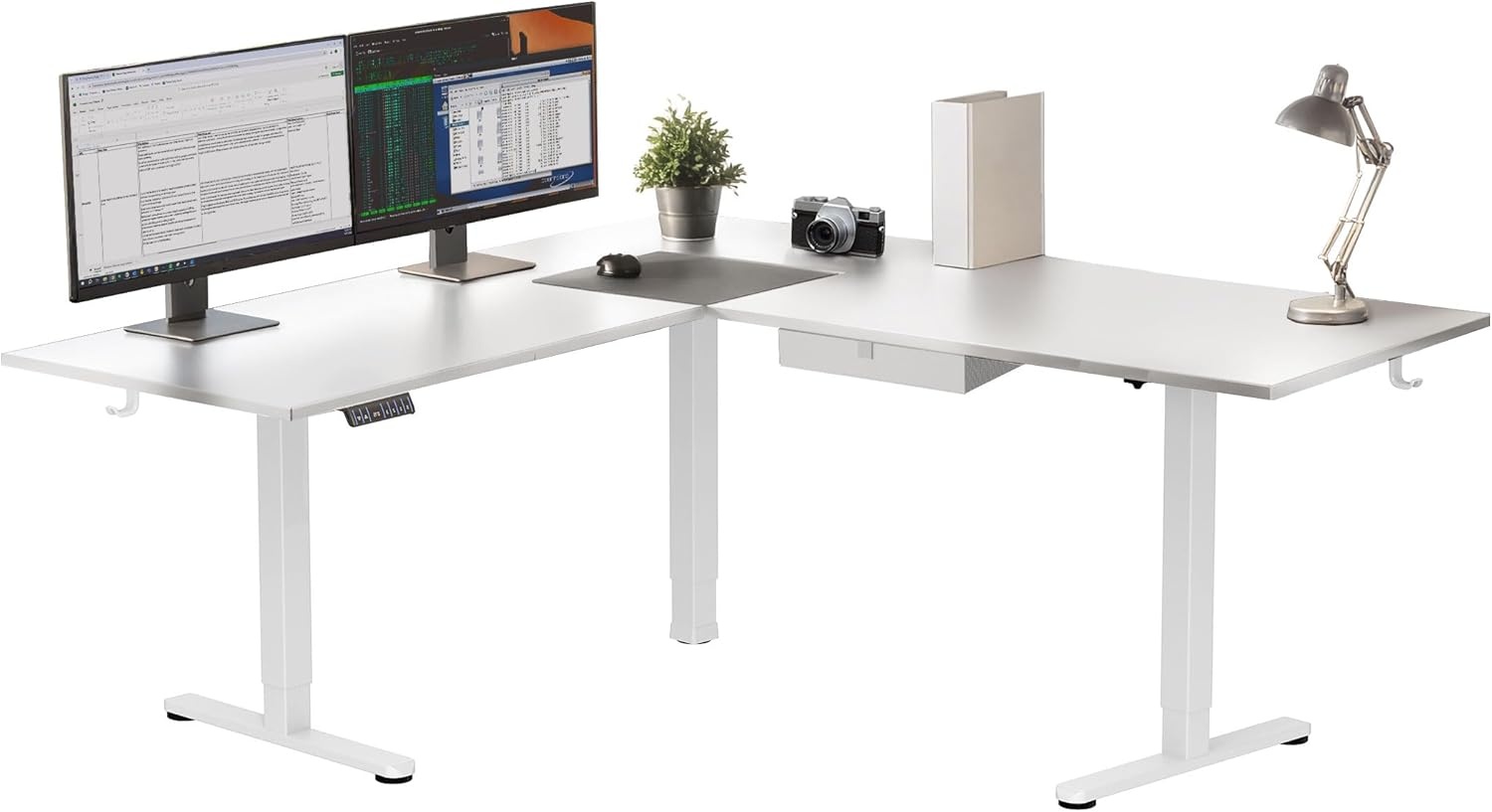 image:imageMountIt L Shaped Standing Desk Extra Large 75 x 63 Electric Corner Standing Desk Height Adjustable from 283 to 465 3 Memory Settings White Solid Steel Frame Black TabletopWhite Frame White Top