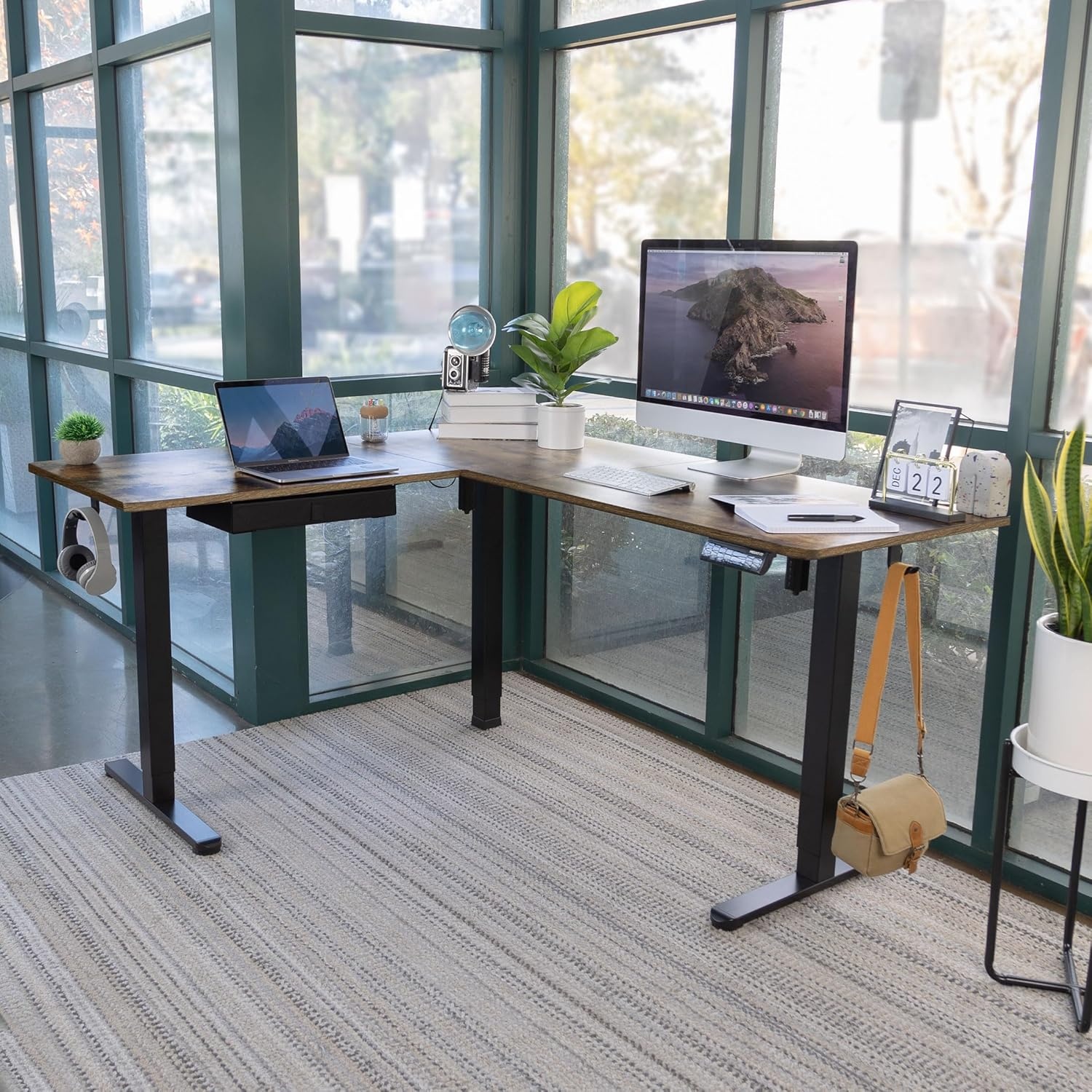 image:imageMountIt L Shaped Standing Desk Extra Large 75 x 63 Electric Corner Standing Desk Height Adjustable from 283 to 465 3 Memory Settings White Solid Steel Frame Black TabletopBlack Frame Rustic Top