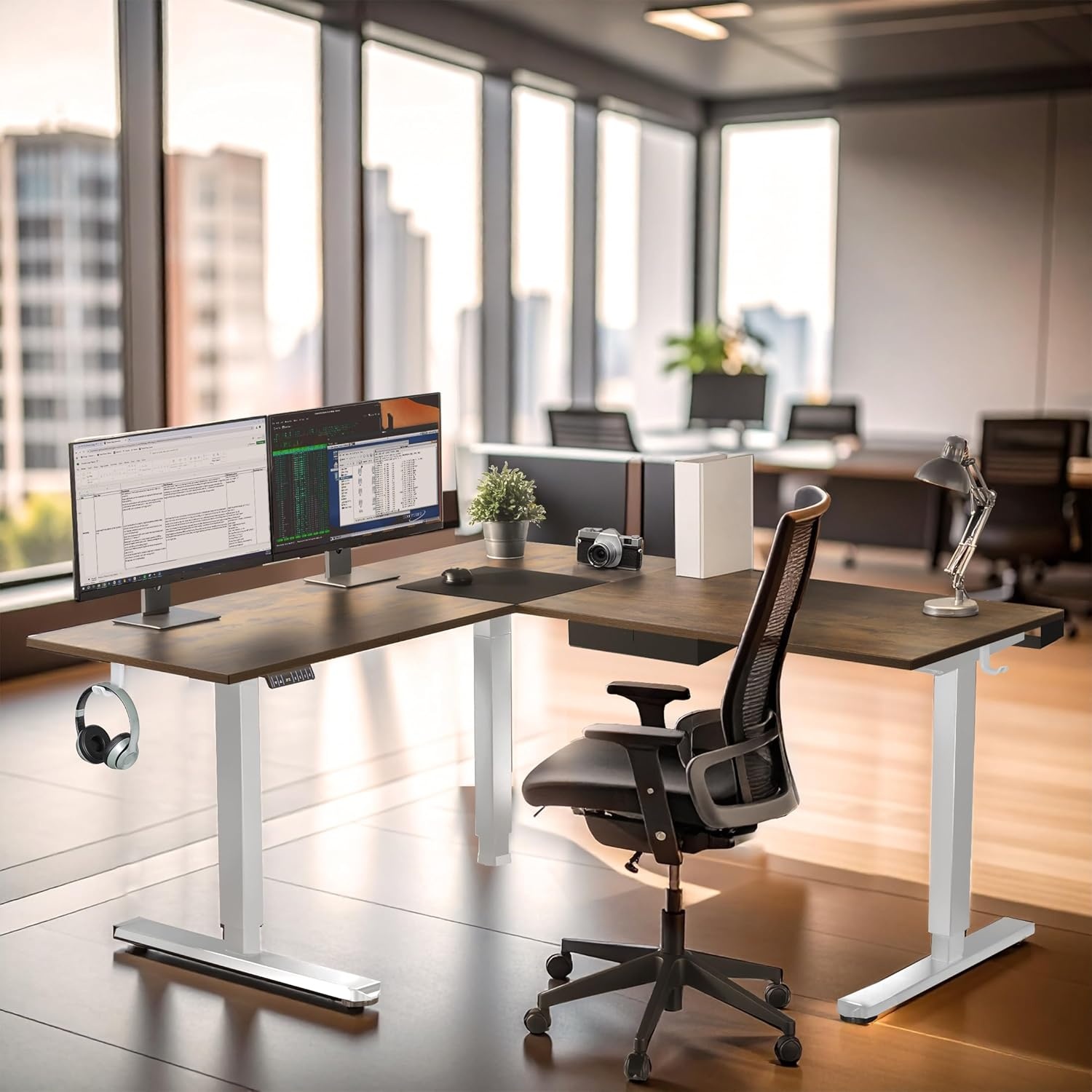 image:imageMountIt L Shaped Standing Desk Extra Large 75 x 63 Electric Corner Standing Desk Height Adjustable from 283 to 465 3 Memory Settings White Solid Steel Frame Black TabletopWhite Frame Rustic Top