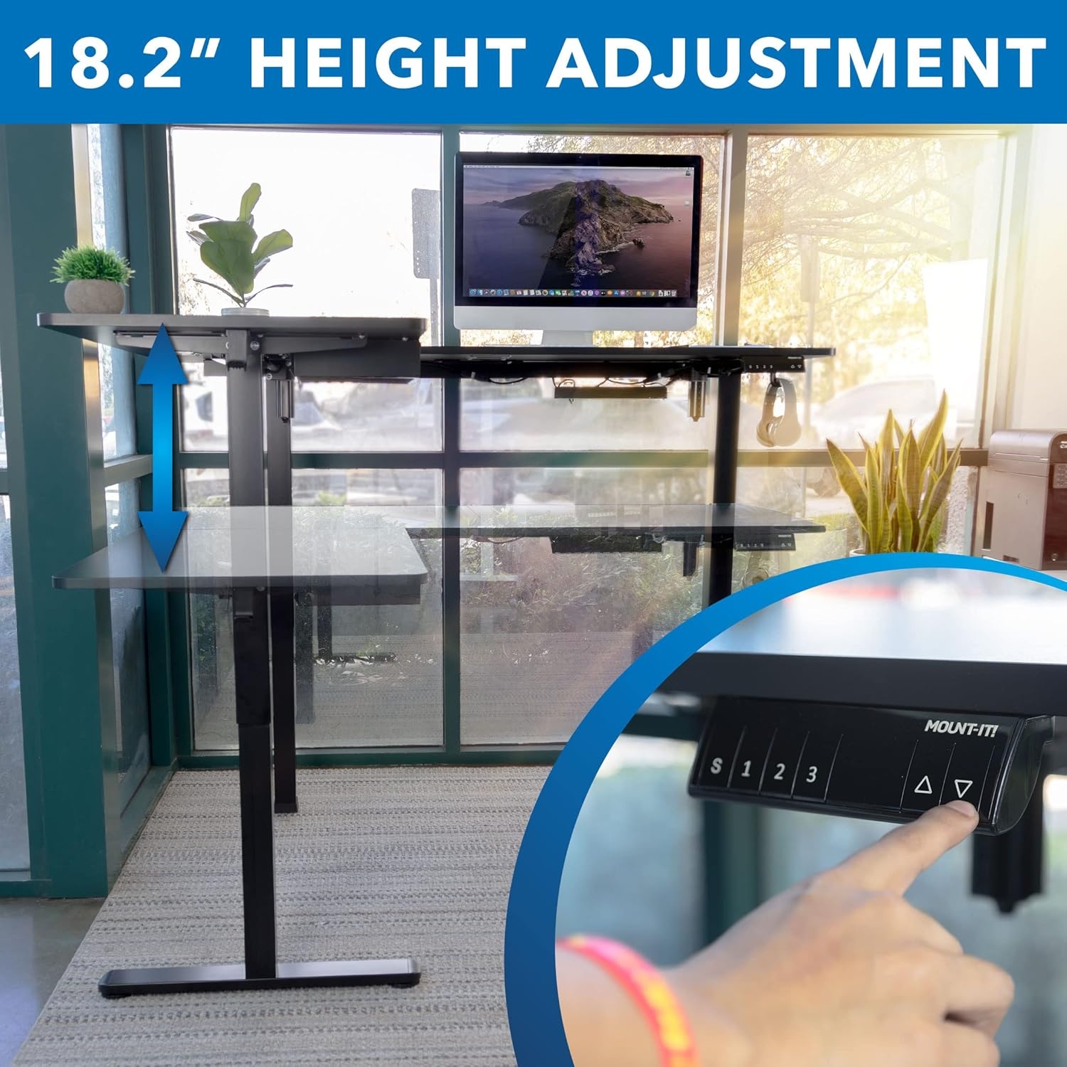 image:imageMountIt L Shaped Standing Desk Extra Large 75 x 63 Electric Corner Standing Desk Height Adjustable from 283 to 465 3 Memory Settings White Solid Steel Frame Black TabletopBlack Frame Black Top