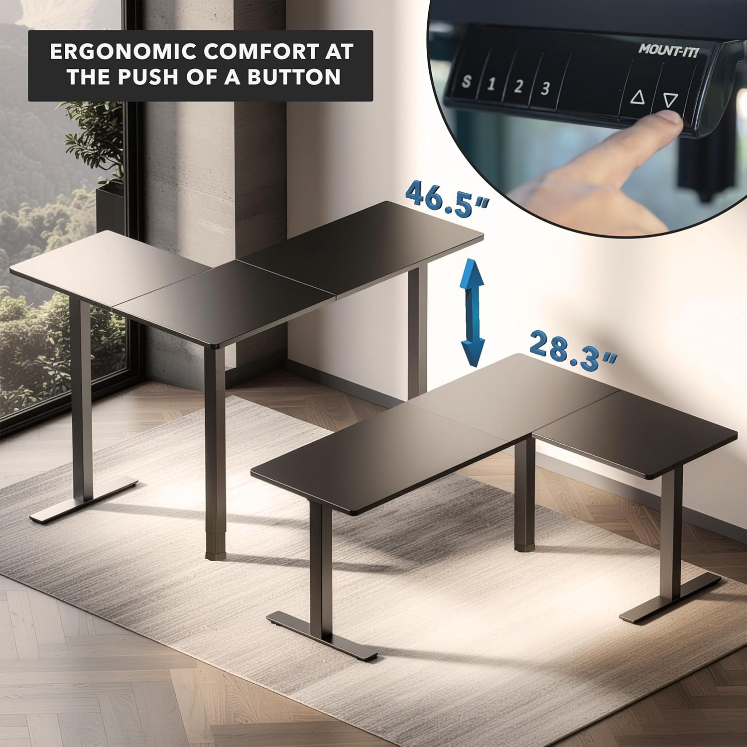 image:imageMountIt L Shaped Standing Desk Extra Large 75 x 63 Electric Corner Standing Desk Height Adjustable from 283 to 465 3 Memory Settings White Solid Steel Frame Black TabletopBlack Frame Black Top