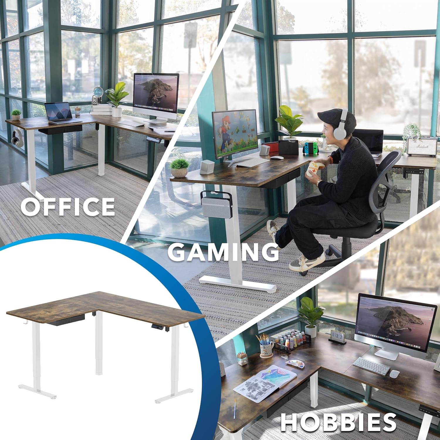 image:imageMountIt L Shaped Standing Desk Extra Large 75 x 63 Electric Corner Standing Desk Height Adjustable from 283 to 465 3 Memory Settings White Solid Steel Frame Black TabletopWhite Frame Rustic Top