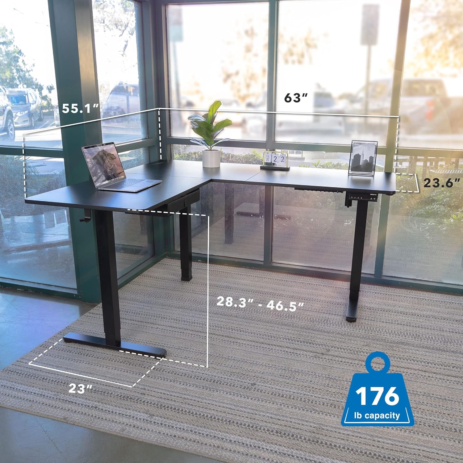 image:imageMountIt L Shaped Standing Desk Extra Large 75 x 63 Electric Corner Standing Desk Height Adjustable from 283 to 465 3 Memory Settings White Solid Steel Frame Black TabletopBlack Frame Black Top