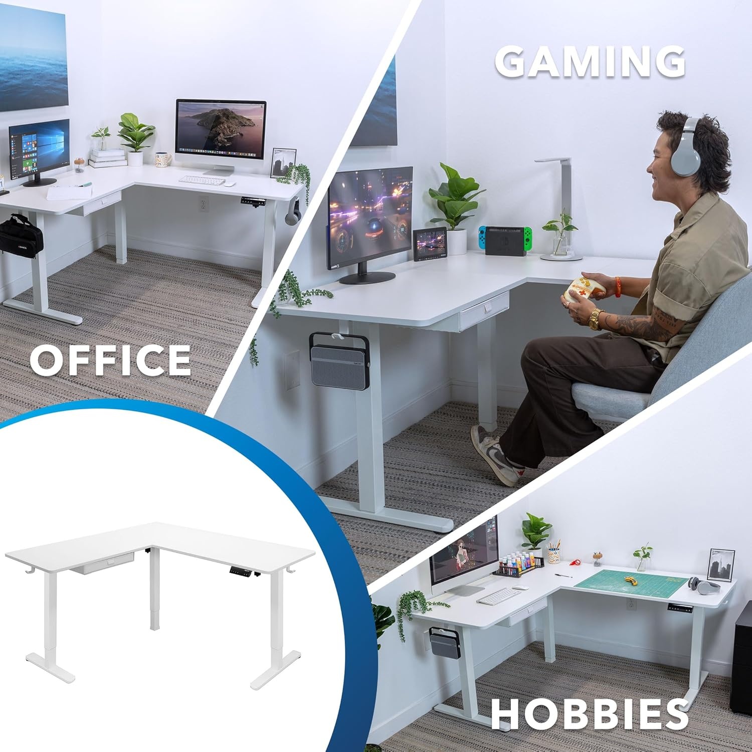 image:imageMountIt L Shaped Standing Desk Extra Large 75 x 63 Electric Corner Standing Desk Height Adjustable from 283 to 465 3 Memory Settings White Solid Steel Frame Black TabletopWhite Frame White Top
