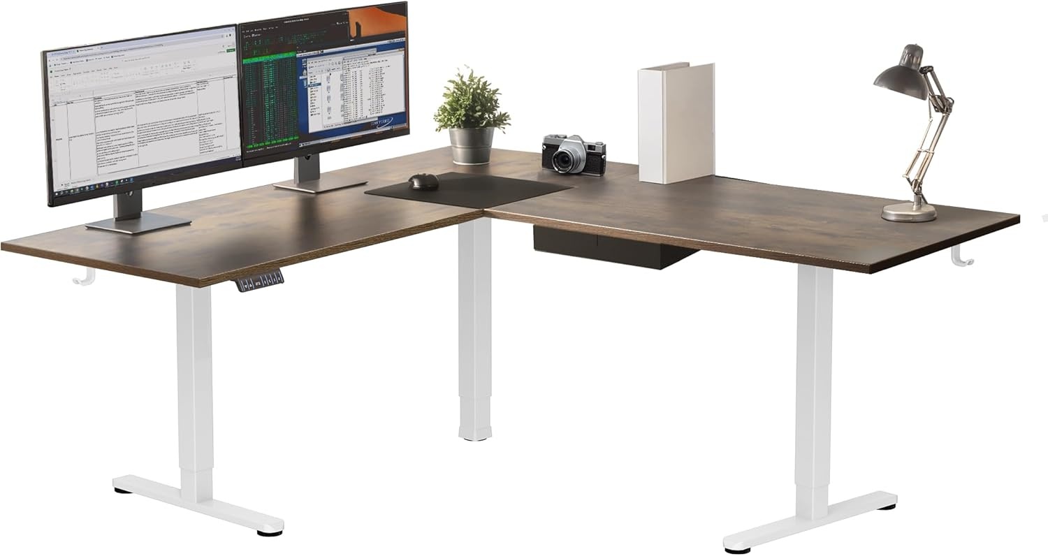 image:imageMountIt L Shaped Standing Desk Extra Large 75 x 63 Electric Corner Standing Desk Height Adjustable from 283 to 465 3 Memory Settings White Solid Steel Frame Black TabletopWhite Frame Rustic Top