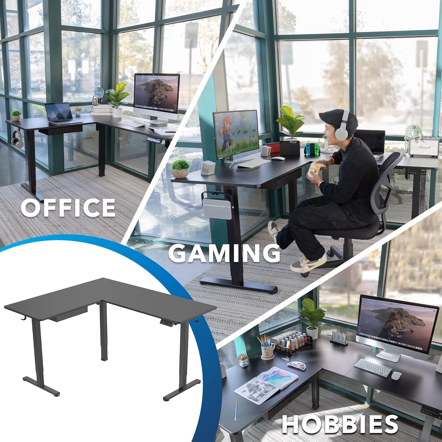 image:imageMountIt L Shaped Standing Desk Extra Large 75 x 63 Electric Corner Standing Desk Height Adjustable from 283 to 465 3 Memory Settings White Solid Steel Frame Black TabletopBlack Frame Black Top