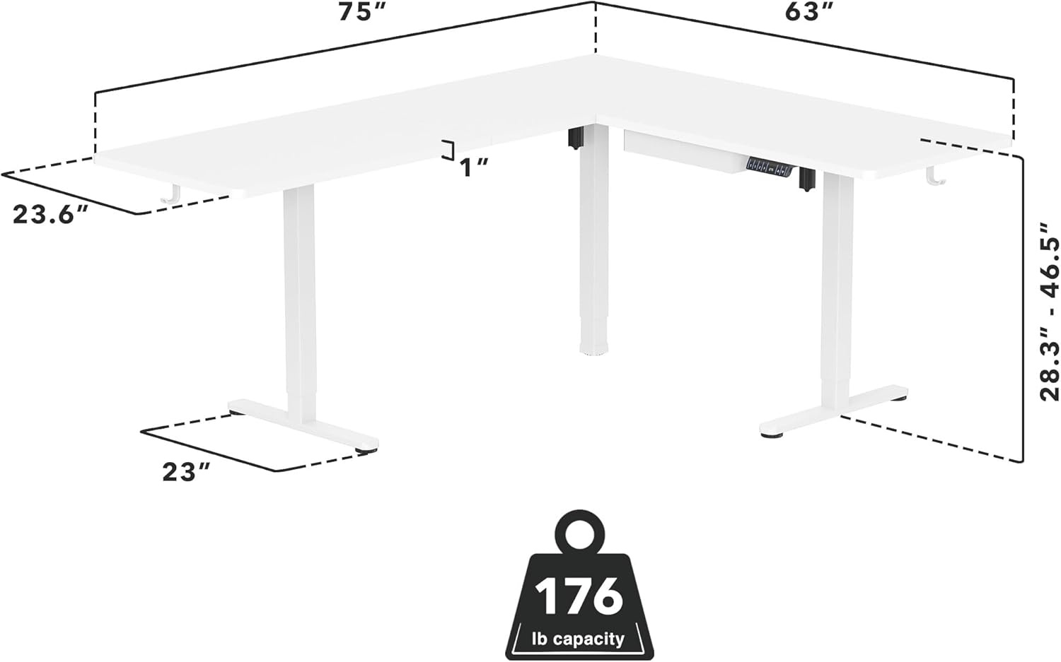image:imageMountIt L Shaped Standing Desk Extra Large 75 x 63 Electric Corner Standing Desk Height Adjustable from 283 to 465 3 Memory Settings White Solid Steel Frame Black TabletopWhite Frame White Top