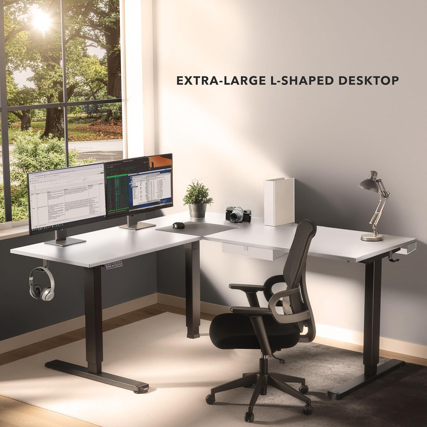 image:imageMountIt L Shaped Standing Desk Extra Large 75 x 63 Electric Corner Standing Desk Height Adjustable from 283 to 465 3 Memory Settings White Solid Steel Frame Black TabletopBlack Frame White Top