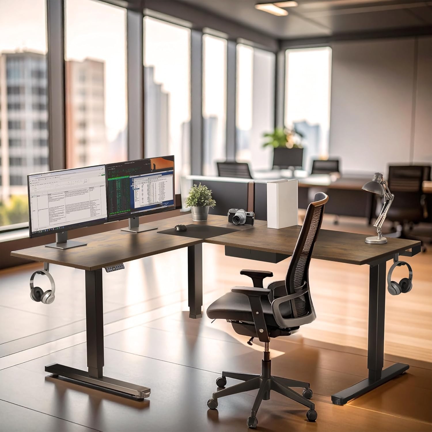image:imageMountIt L Shaped Standing Desk Extra Large 75 x 63 Electric Corner Standing Desk Height Adjustable from 283 to 465 3 Memory Settings White Solid Steel Frame Black TabletopBlack Frame Rustic Top