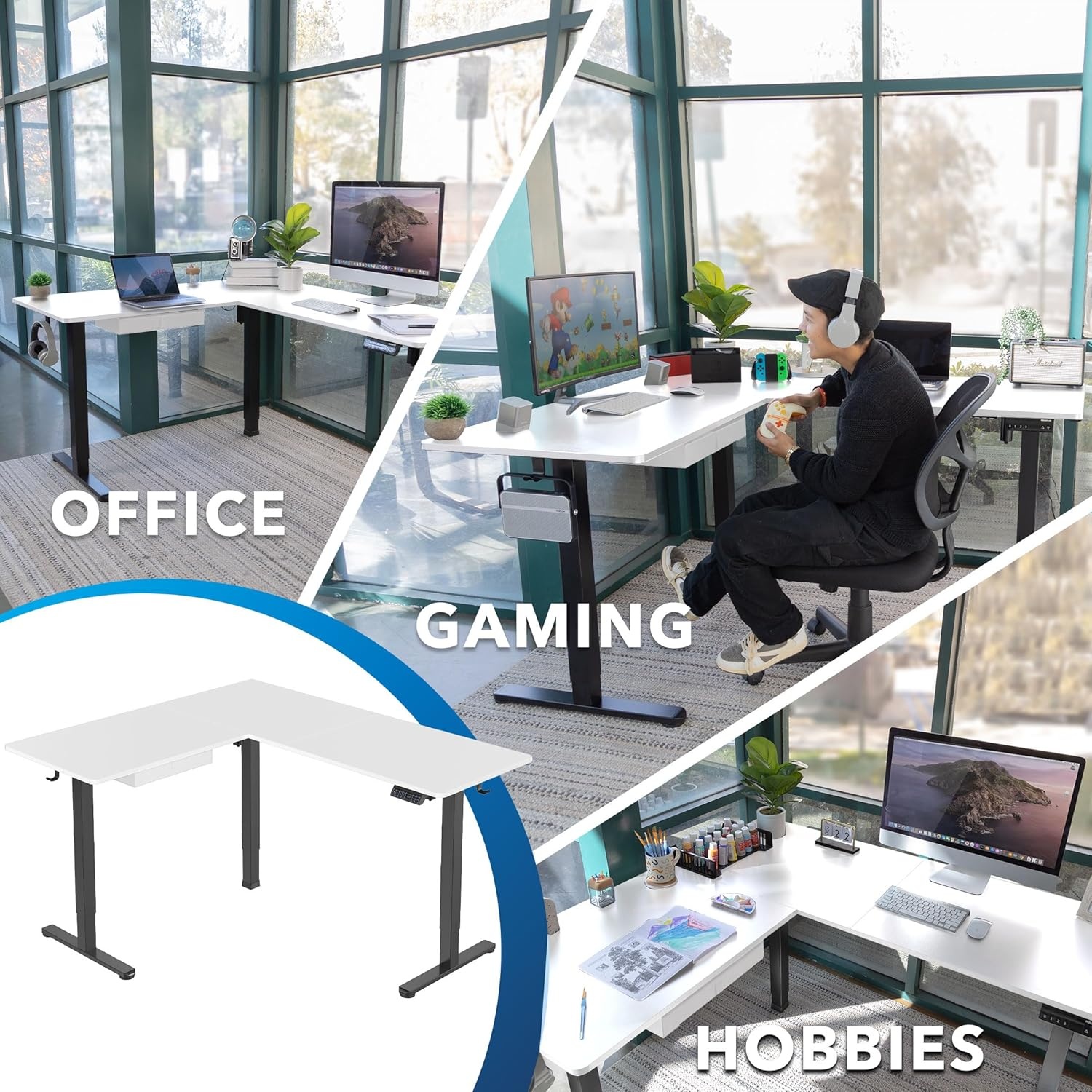 image:imageMountIt L Shaped Standing Desk Extra Large 75 x 63 Electric Corner Standing Desk Height Adjustable from 283 to 465 3 Memory Settings White Solid Steel Frame Black TabletopBlack Frame White Top