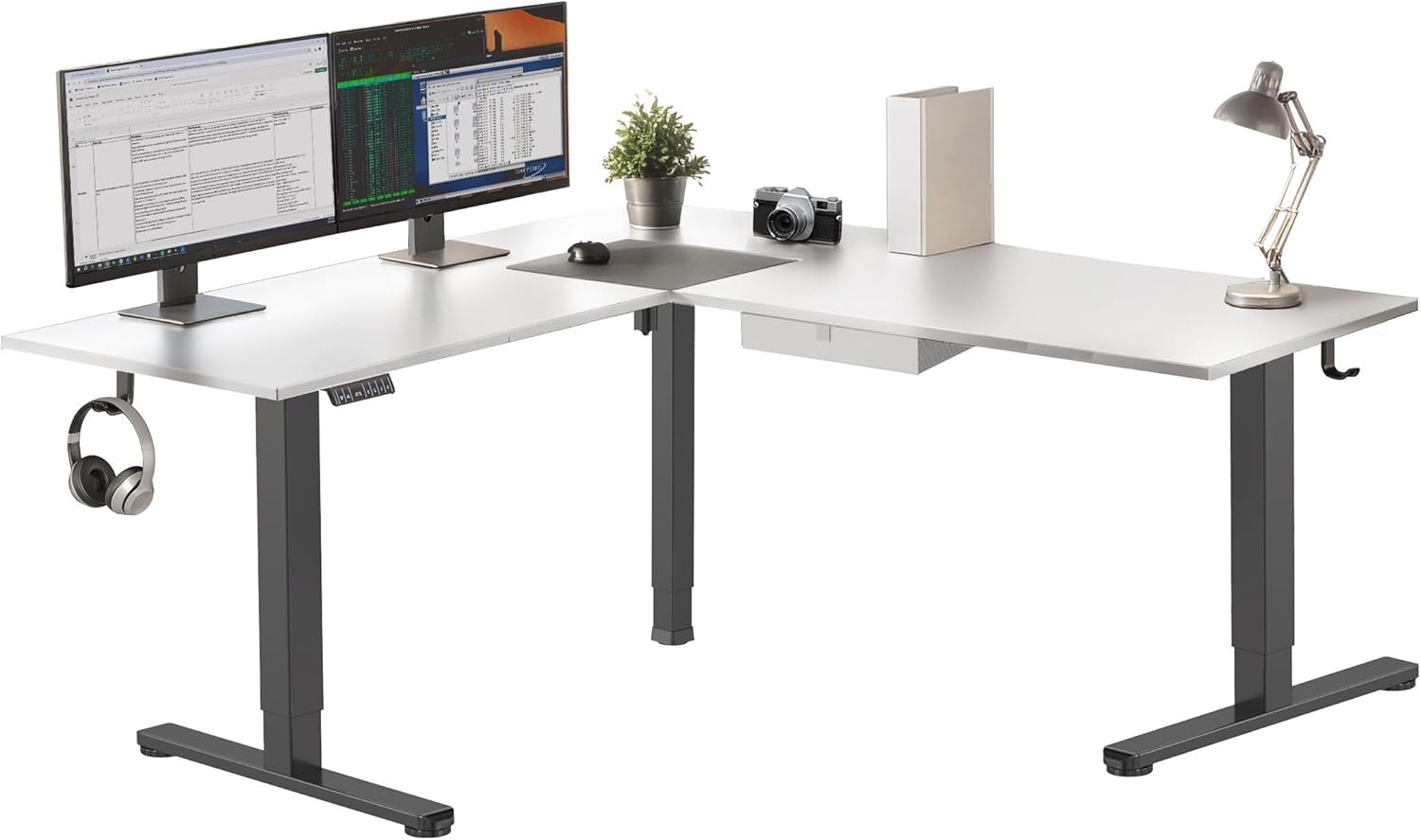 image:imageMountIt L Shaped Standing Desk Extra Large 75 x 63 Electric Corner Standing Desk Height Adjustable from 283 to 465 3 Memory Settings White Solid Steel Frame Black TabletopBlack Frame White Top