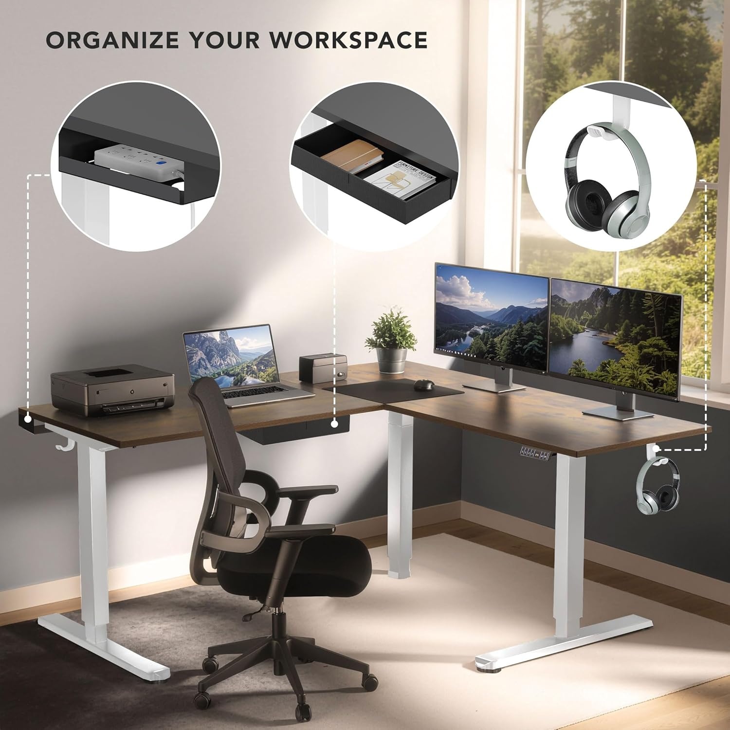 image:imageMountIt L Shaped Standing Desk Extra Large 75 x 63 Electric Corner Standing Desk Height Adjustable from 283 to 465 3 Memory Settings White Solid Steel Frame Black TabletopWhite Frame Rustic Top