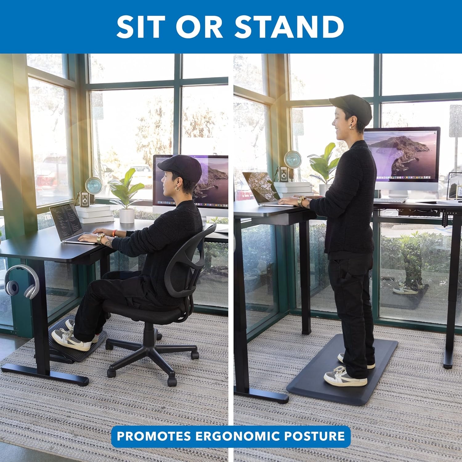 image:imageMountIt L Shaped Standing Desk Extra Large 75 x 63 Electric Corner Standing Desk Height Adjustable from 283 to 465 3 Memory Settings White Solid Steel Frame Black TabletopBlack Frame Black Top