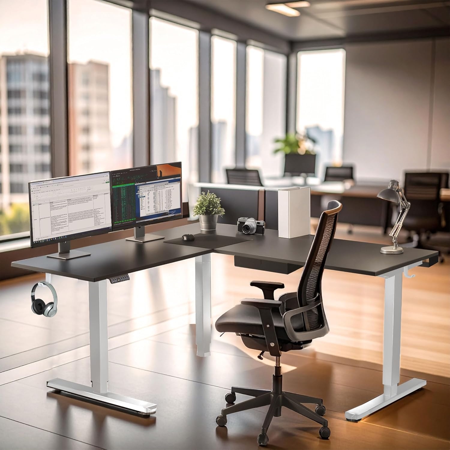 image:imageMountIt L Shaped Standing Desk Extra Large 75 x 63 Electric Corner Standing Desk Height Adjustable from 283 to 465 3 Memory Settings White Solid Steel Frame Black TabletopWhite Frame Black Top