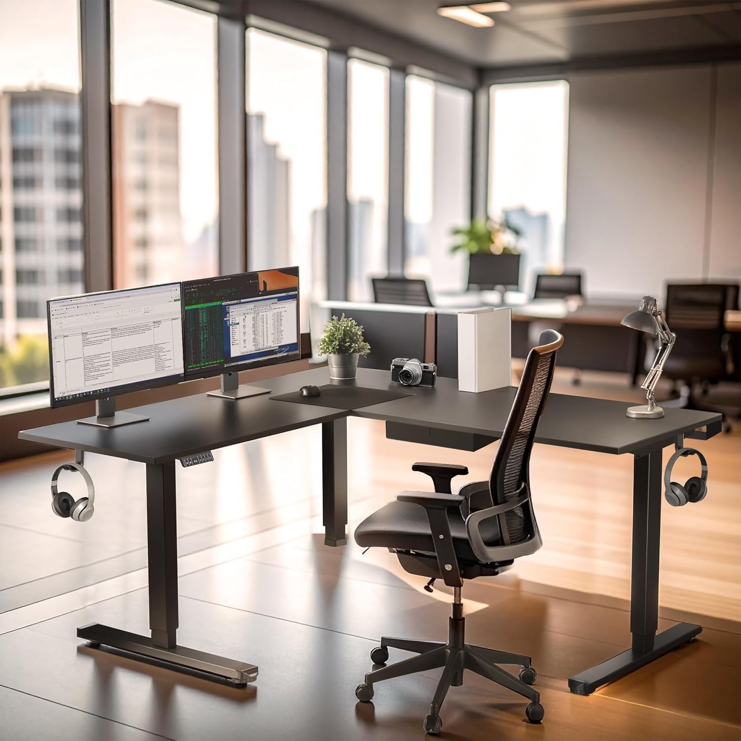 image:imageMountIt L Shaped Standing Desk Extra Large 75 x 63 Electric Corner Standing Desk Height Adjustable from 283 to 465 3 Memory Settings White Solid Steel Frame Black TabletopBlack Frame Black Top