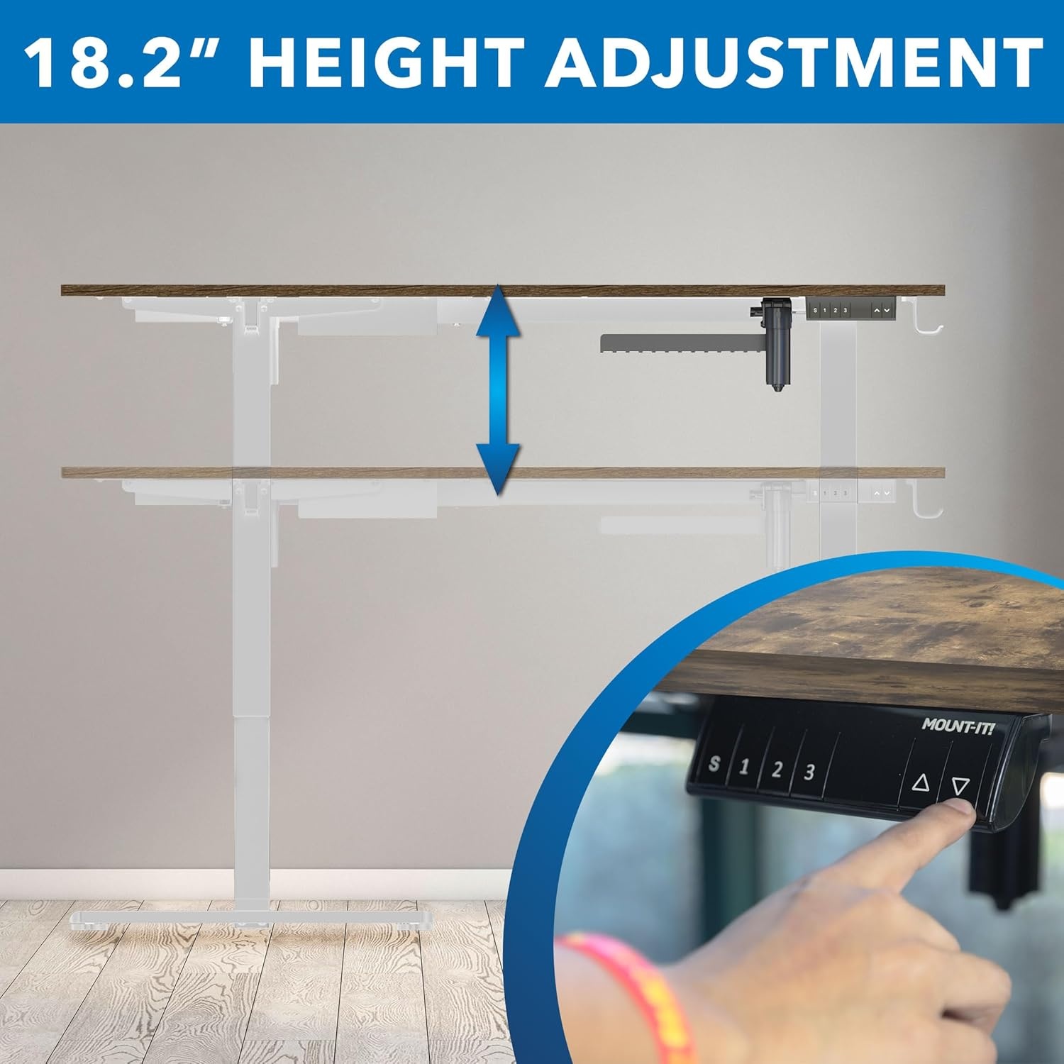 image:imageMountIt L Shaped Standing Desk Extra Large 75 x 63 Electric Corner Standing Desk Height Adjustable from 283 to 465 3 Memory Settings White Solid Steel Frame Black TabletopWhite Frame Rustic Top