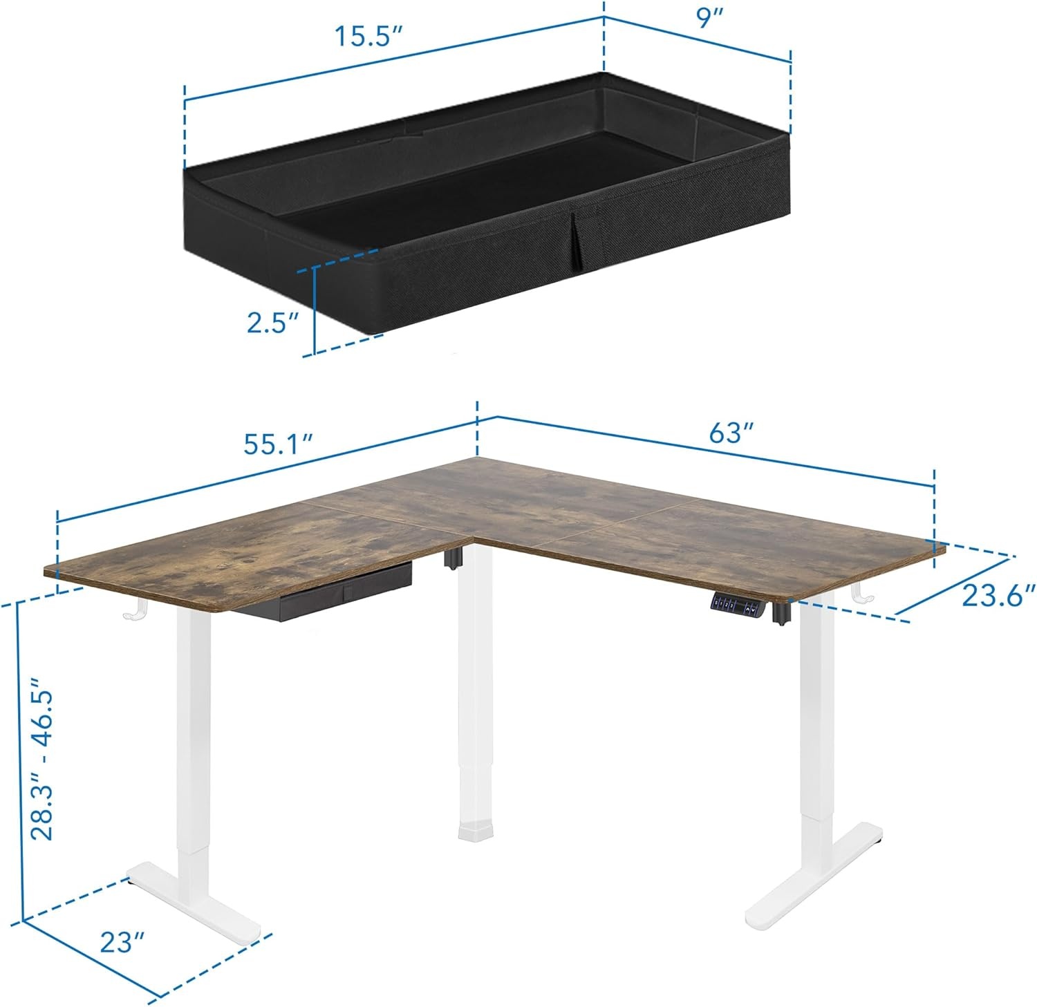 image:imageMountIt L Shaped Standing Desk Extra Large 75 x 63 Electric Corner Standing Desk Height Adjustable from 283 to 465 3 Memory Settings White Solid Steel Frame Black TabletopWhite Frame Rustic Top