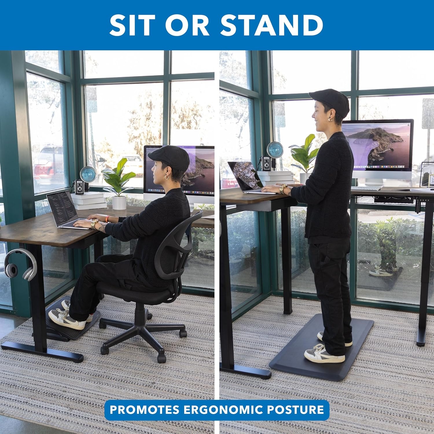 image:imageMountIt L Shaped Standing Desk Extra Large 75 x 63 Electric Corner Standing Desk Height Adjustable from 283 to 465 3 Memory Settings White Solid Steel Frame Black TabletopBlack Frame Rustic Top