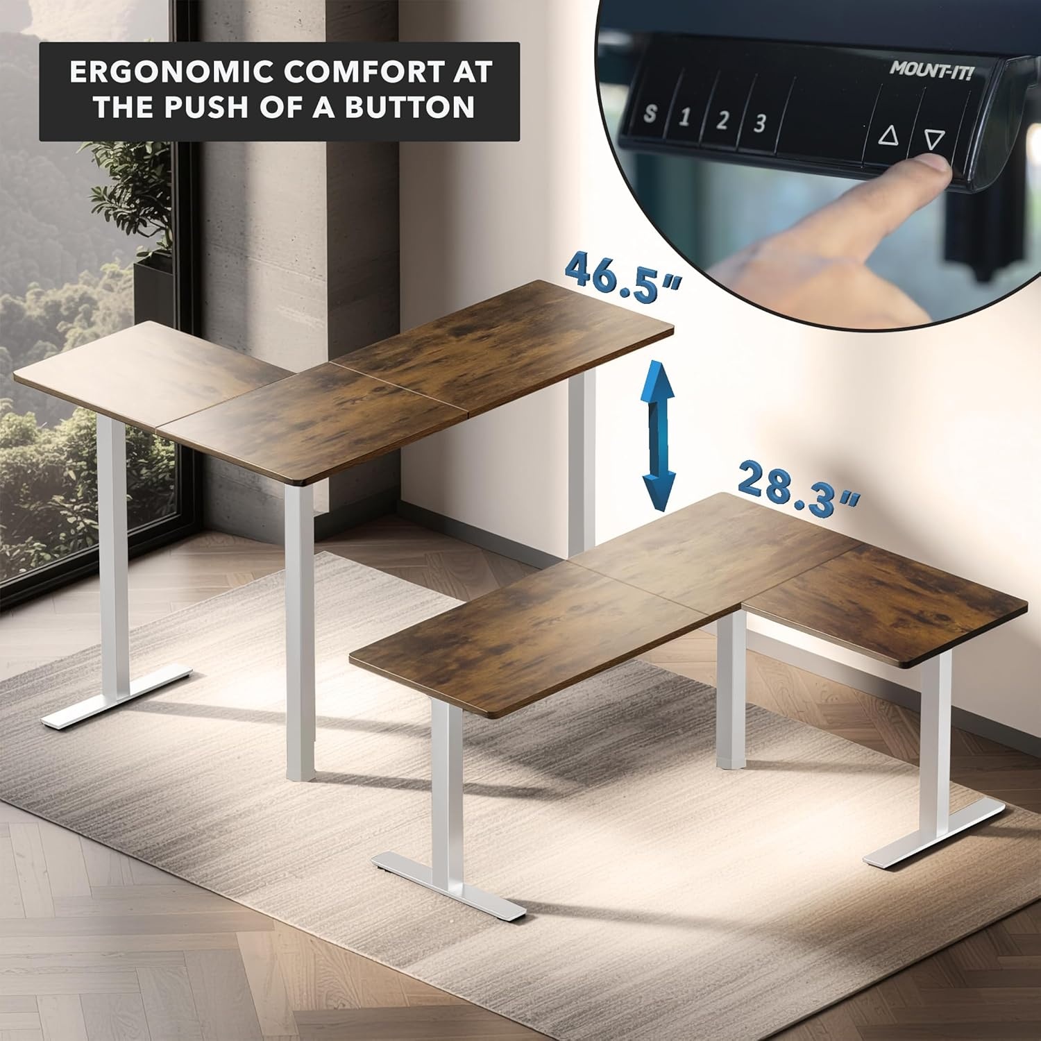 image:imageMountIt L Shaped Standing Desk Extra Large 75 x 63 Electric Corner Standing Desk Height Adjustable from 283 to 465 3 Memory Settings White Solid Steel Frame Black TabletopWhite Frame Rustic Top