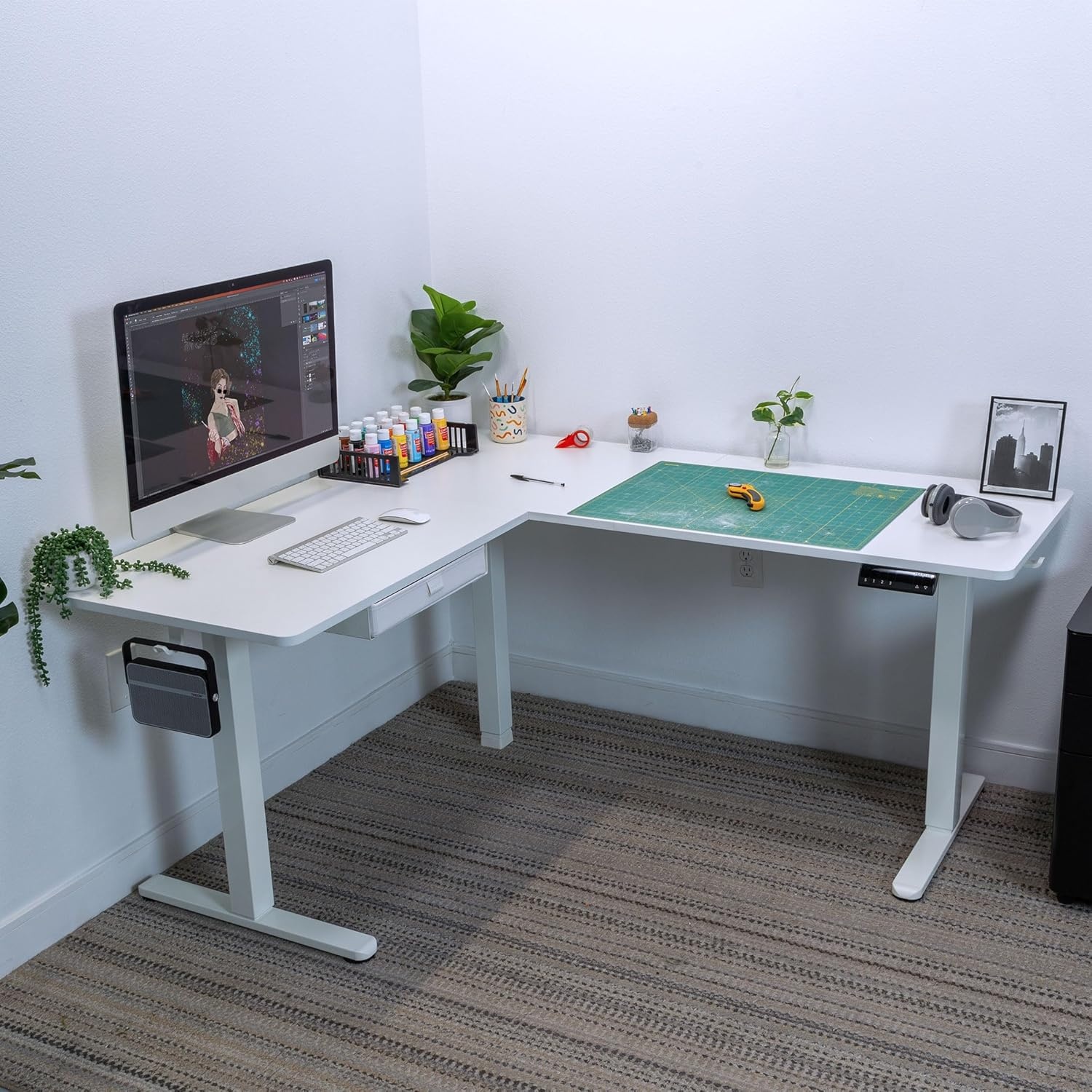 image:imageMountIt L Shaped Standing Desk Extra Large 75 x 63 Electric Corner Standing Desk Height Adjustable from 283 to 465 3 Memory Settings White Solid Steel Frame Black TabletopWhite Frame White Top