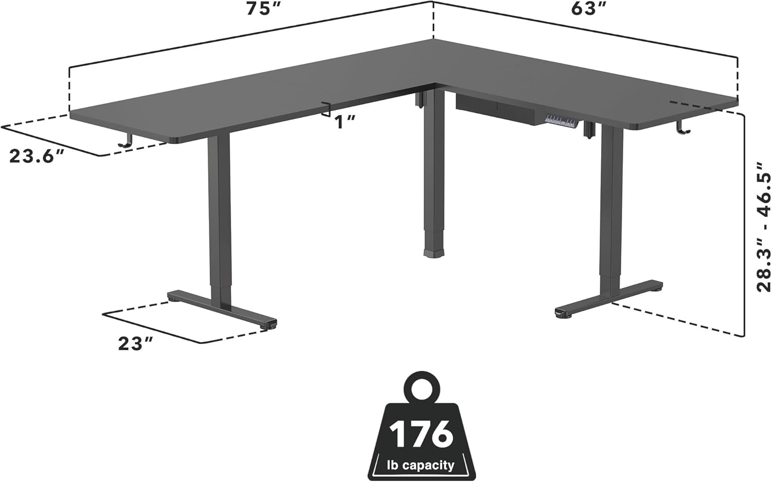 image:imageMountIt L Shaped Standing Desk Extra Large 75 x 63 Electric Corner Standing Desk Height Adjustable from 283 to 465 3 Memory Settings White Solid Steel Frame Black TabletopBlack Frame Black Top