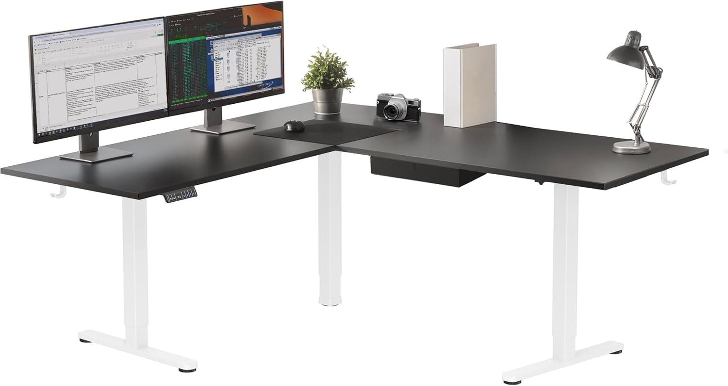 image:imageMountIt L Shaped Standing Desk Extra Large 75 x 63 Electric Corner Standing Desk Height Adjustable from 283 to 465 3 Memory Settings White Solid Steel Frame Black TabletopWhite Frame Black Top