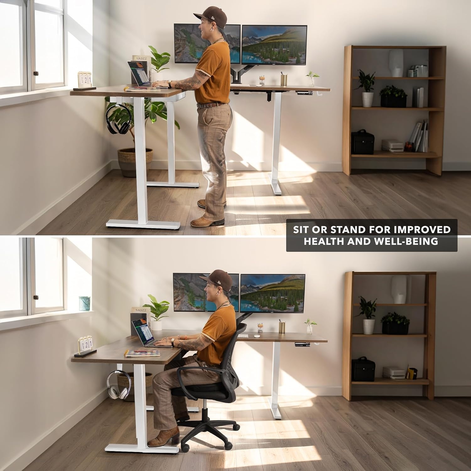 image:imageMountIt L Shaped Standing Desk Extra Large 75 x 63 Electric Corner Standing Desk Height Adjustable from 283 to 465 3 Memory Settings White Solid Steel Frame Black TabletopWhite Frame Rustic Top