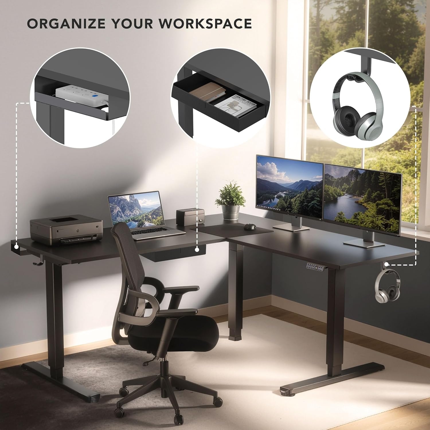 image:imageMountIt L Shaped Standing Desk Extra Large 75 x 63 Electric Corner Standing Desk Height Adjustable from 283 to 465 3 Memory Settings White Solid Steel Frame Black TabletopBlack Frame Black Top