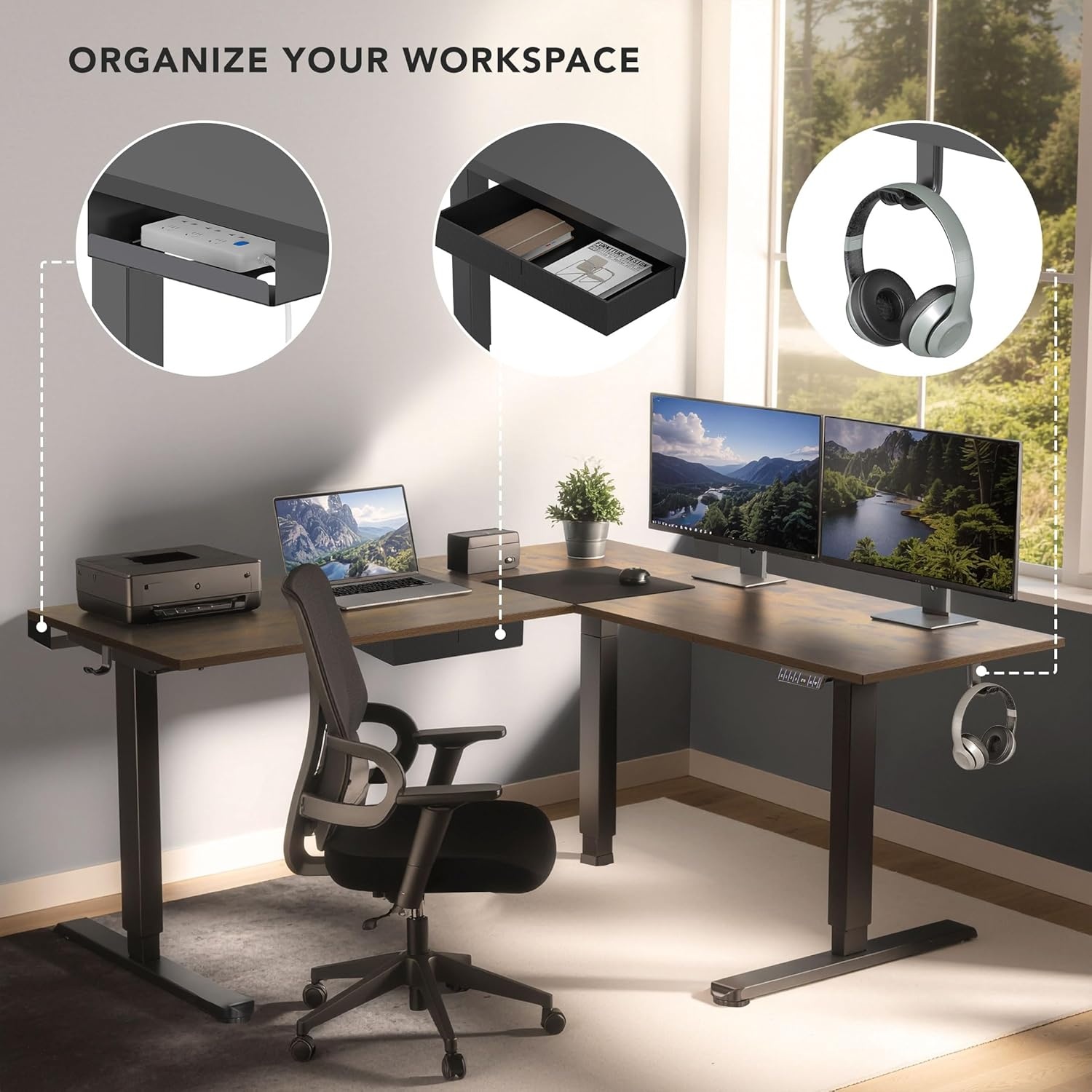 image:imageMountIt L Shaped Standing Desk Extra Large 75 x 63 Electric Corner Standing Desk Height Adjustable from 283 to 465 3 Memory Settings White Solid Steel Frame Black TabletopBlack Frame Rustic Top