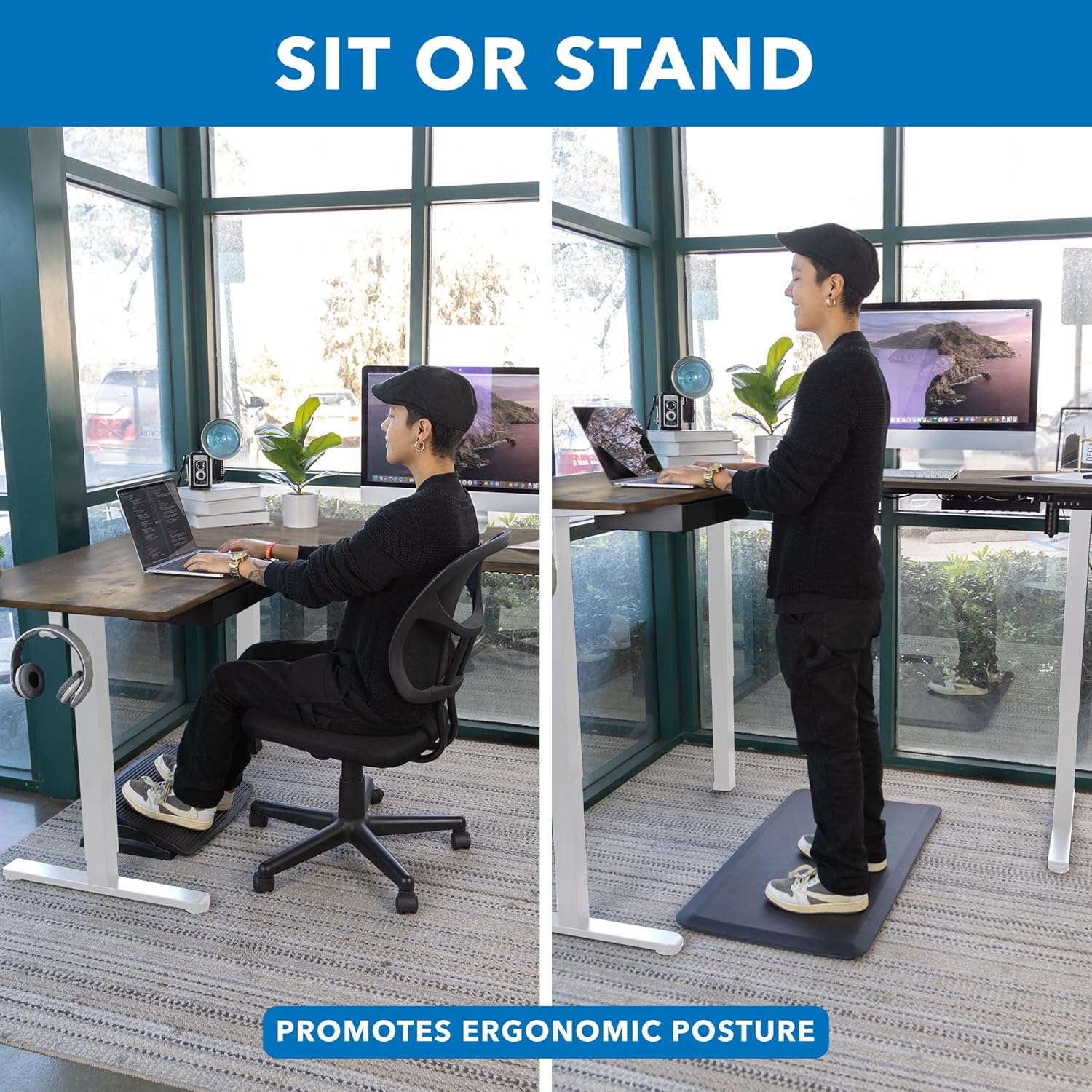image:imageMountIt L Shaped Standing Desk Extra Large 75 x 63 Electric Corner Standing Desk Height Adjustable from 283 to 465 3 Memory Settings White Solid Steel Frame Black TabletopWhite Frame Rustic Top