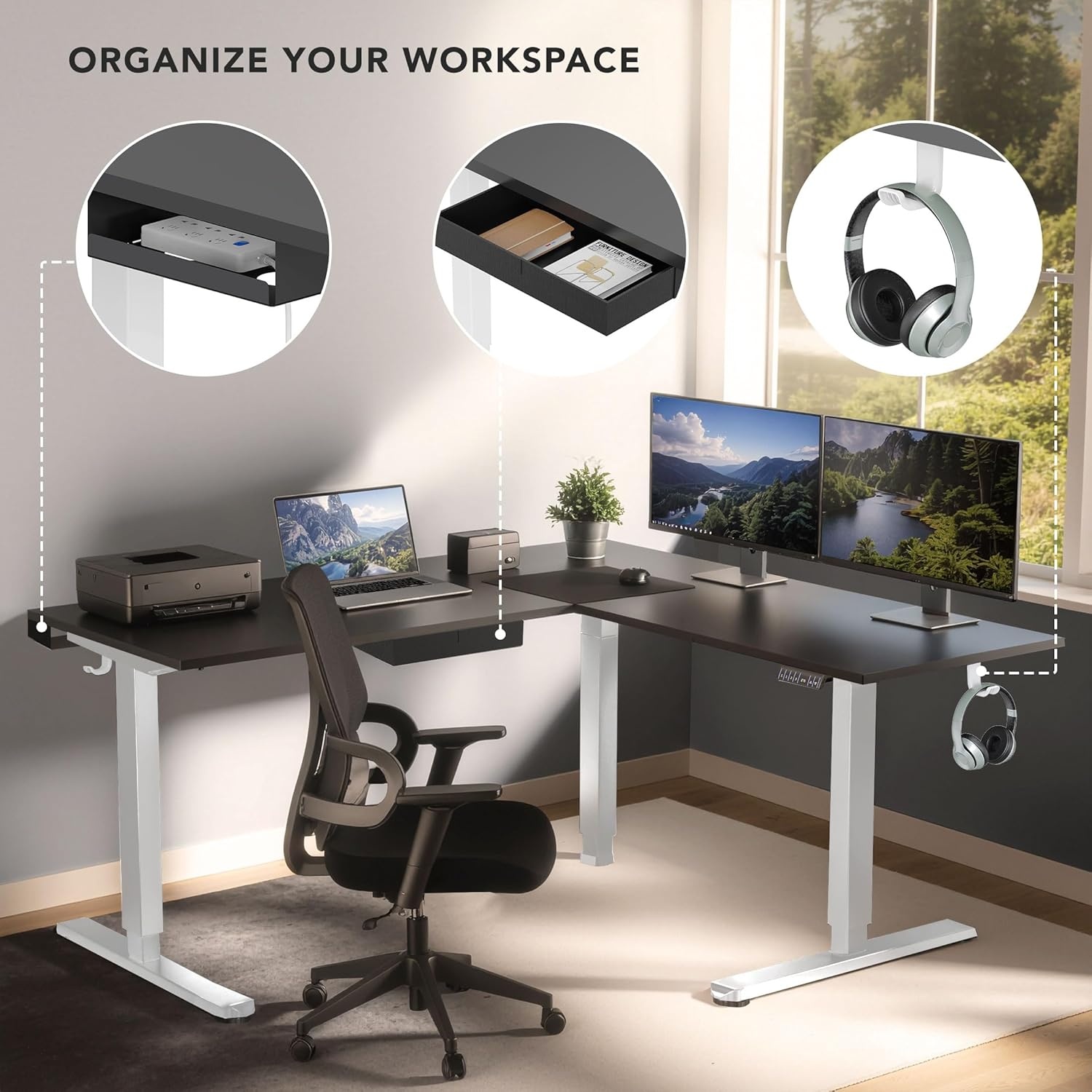 image:imageMountIt L Shaped Standing Desk Extra Large 75 x 63 Electric Corner Standing Desk Height Adjustable from 283 to 465 3 Memory Settings White Solid Steel Frame Black TabletopWhite Frame Black Top