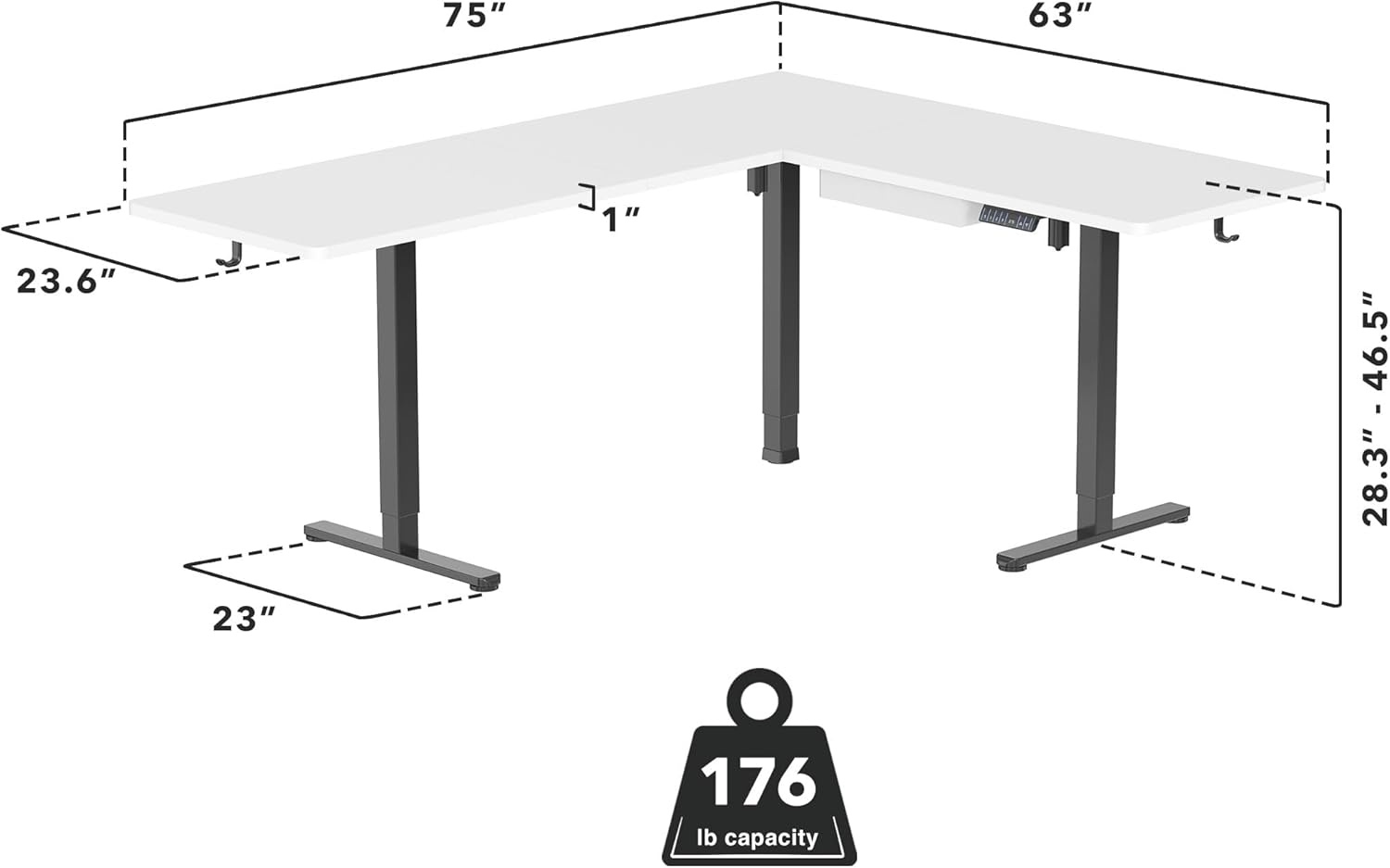 image:imageMountIt L Shaped Standing Desk Extra Large 75 x 63 Electric Corner Standing Desk Height Adjustable from 283 to 465 3 Memory Settings White Solid Steel Frame Black TabletopBlack Frame White Top