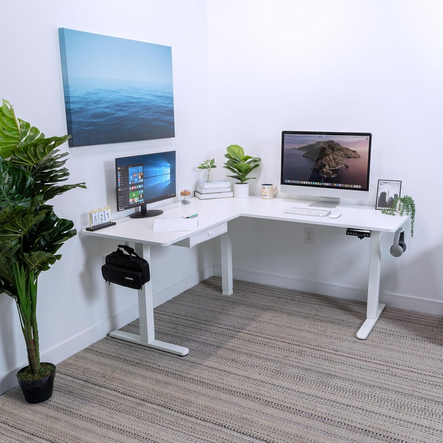 image:imageMountIt L Shaped Standing Desk Extra Large 75 x 63 Electric Corner Standing Desk Height Adjustable from 283 to 465 3 Memory Settings White Solid Steel Frame Black TabletopWhite Frame White Top