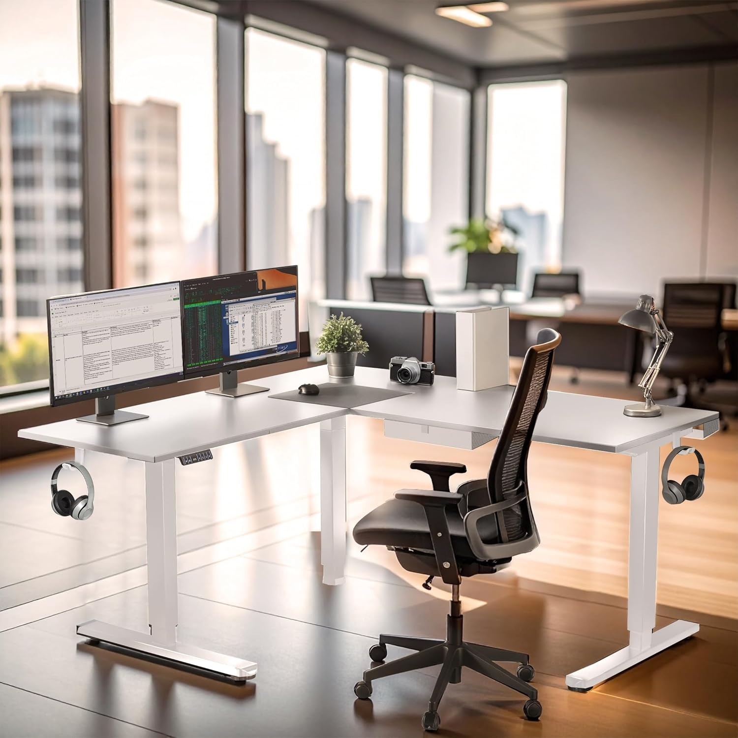 image:imageMountIt L Shaped Standing Desk Extra Large 75 x 63 Electric Corner Standing Desk Height Adjustable from 283 to 465 3 Memory Settings White Solid Steel Frame Black TabletopWhite Frame White Top