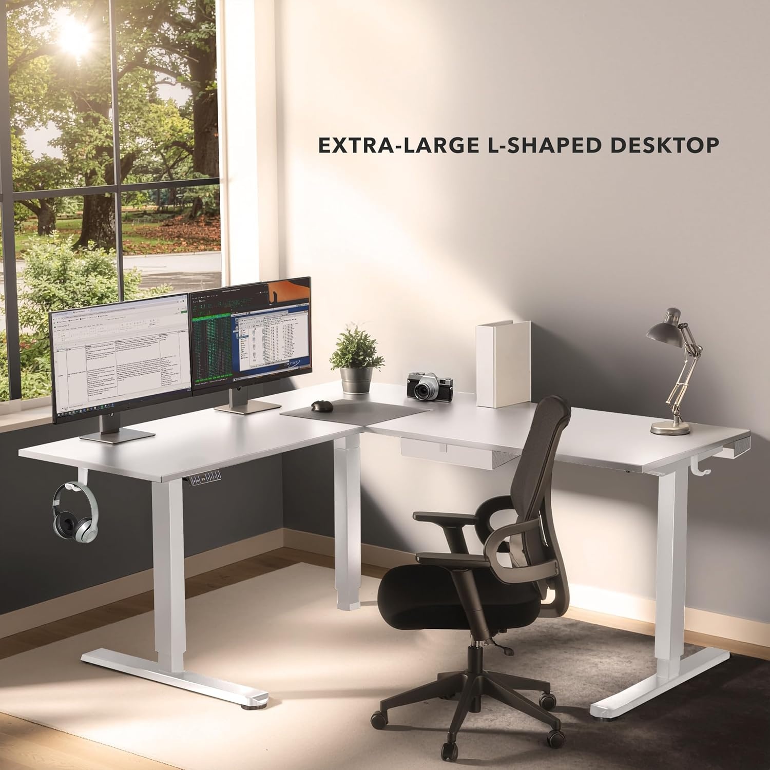 image:imageMountIt L Shaped Standing Desk Extra Large 75 x 63 Electric Corner Standing Desk Height Adjustable from 283 to 465 3 Memory Settings White Solid Steel Frame Black TabletopWhite Frame White Top