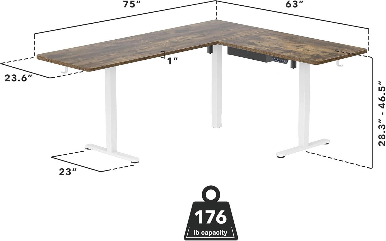 image:imageMountIt L Shaped Standing Desk Extra Large 75 x 63 Electric Corner Standing Desk Height Adjustable from 283 to 465 3 Memory Settings White Solid Steel Frame Black TabletopWhite Frame Rustic Top