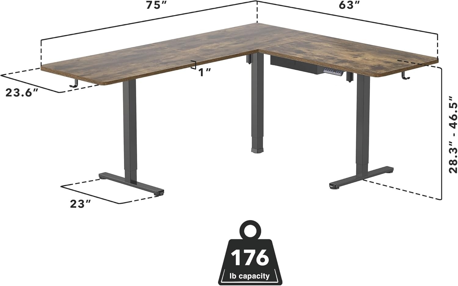 image:imageMountIt L Shaped Standing Desk Extra Large 75 x 63 Electric Corner Standing Desk Height Adjustable from 283 to 465 3 Memory Settings White Solid Steel Frame Black TabletopBlack Frame Rustic Top