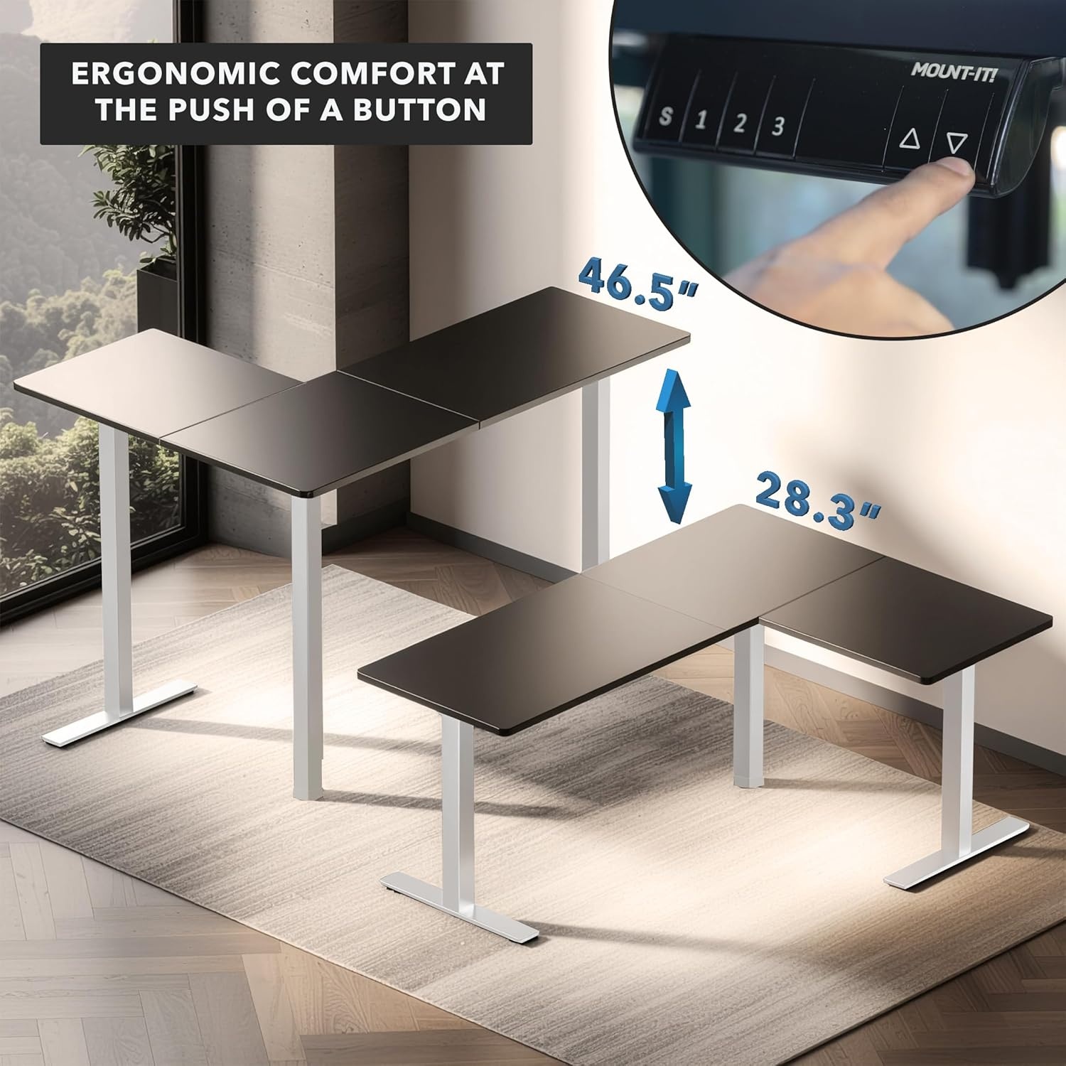image:imageMountIt L Shaped Standing Desk Extra Large 75 x 63 Electric Corner Standing Desk Height Adjustable from 283 to 465 3 Memory Settings White Solid Steel Frame Black TabletopWhite Frame Black Top