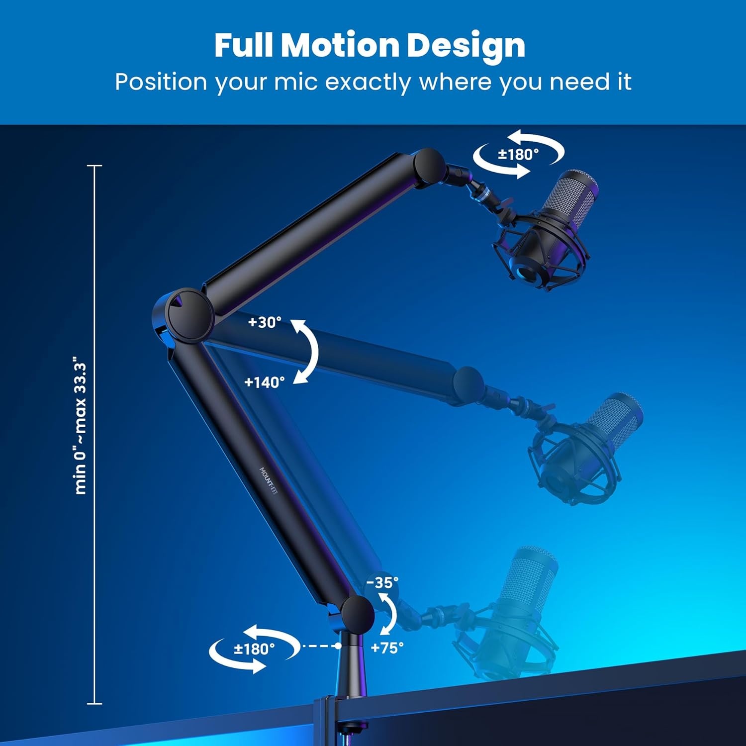 image:imageMountIt Mic Arm Microphone Boom Arm Adjustable Full Motion Mic Desk Mount for Streaming Gaming Podcast Recording 38 and 58 Compatible Height up to 333 Black