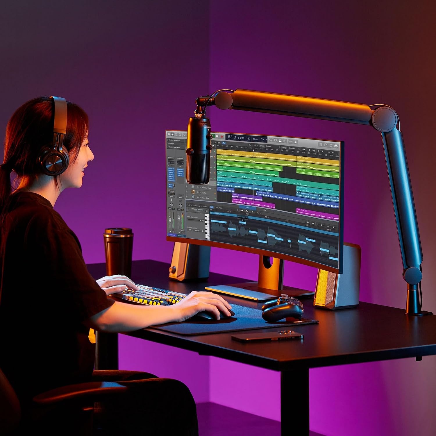 image:imageMountIt Mic Arm Microphone Boom Arm Adjustable Full Motion Mic Desk Mount for Streaming Gaming Podcast Recording 38 and 58 Compatible Height up to 333 Black